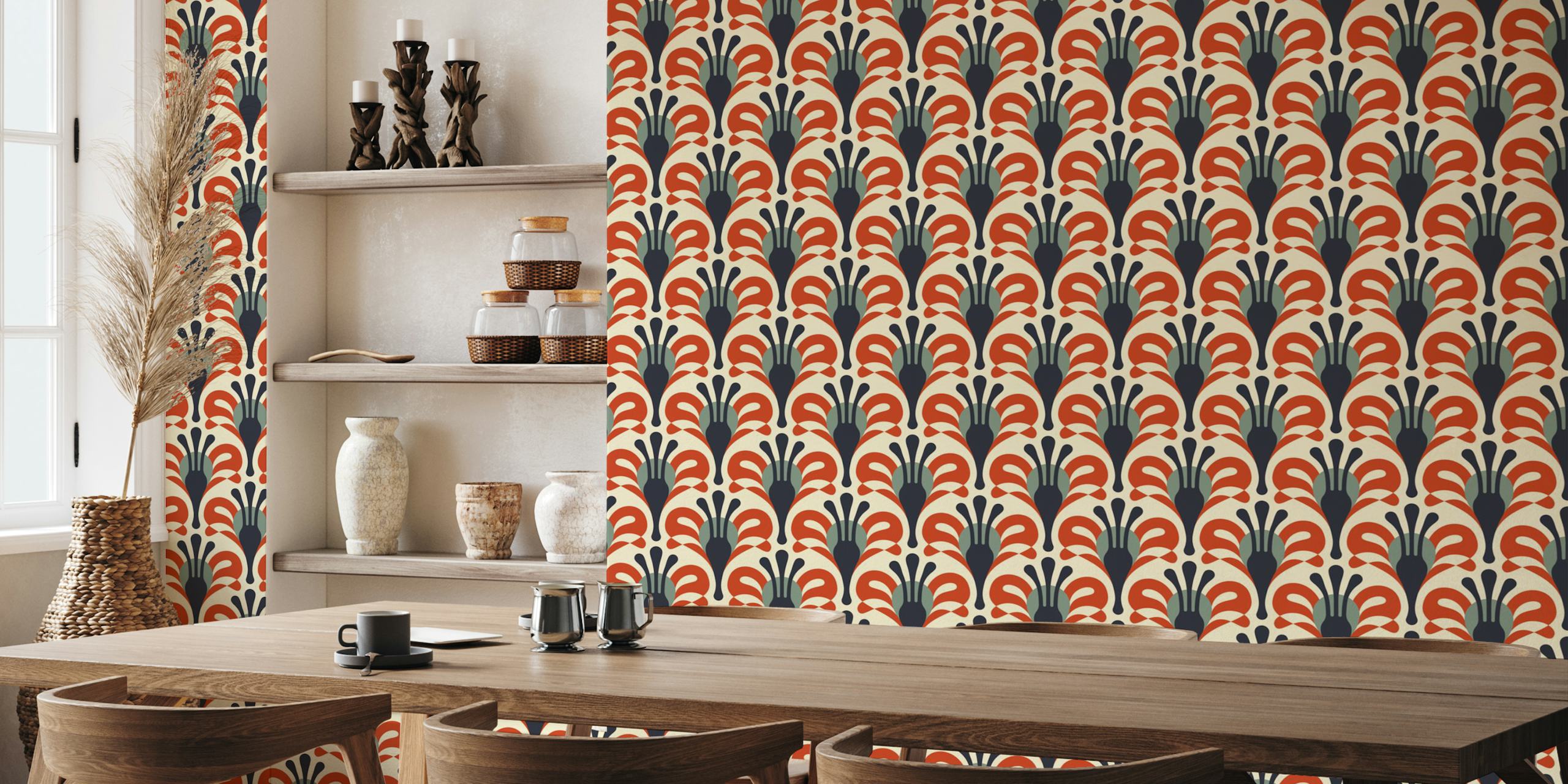 Vintage floral pattern with red, green, and cream tones wallpaper