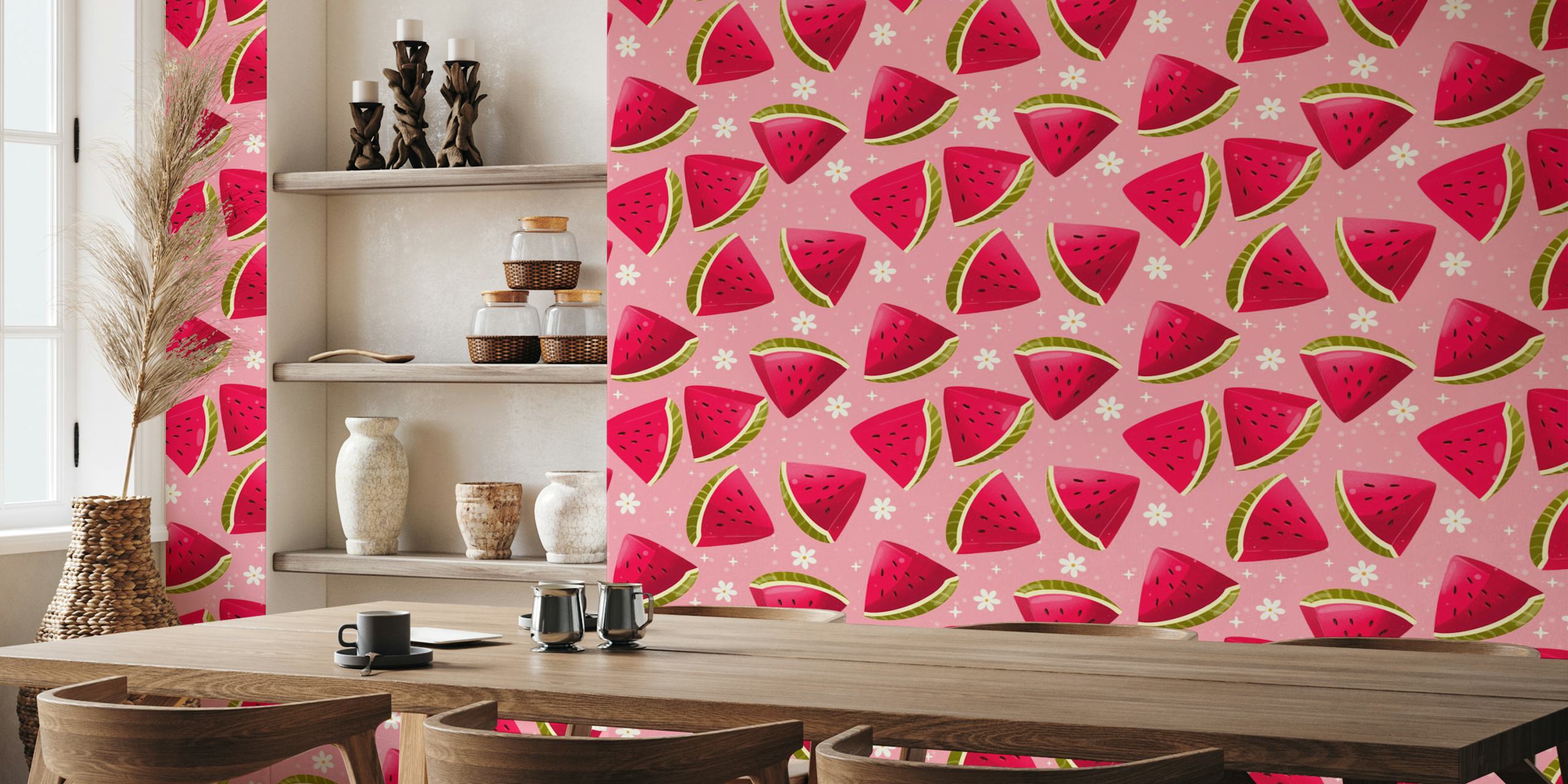 Watermelon slices with green rinds and white flowers on pink background wallpaper