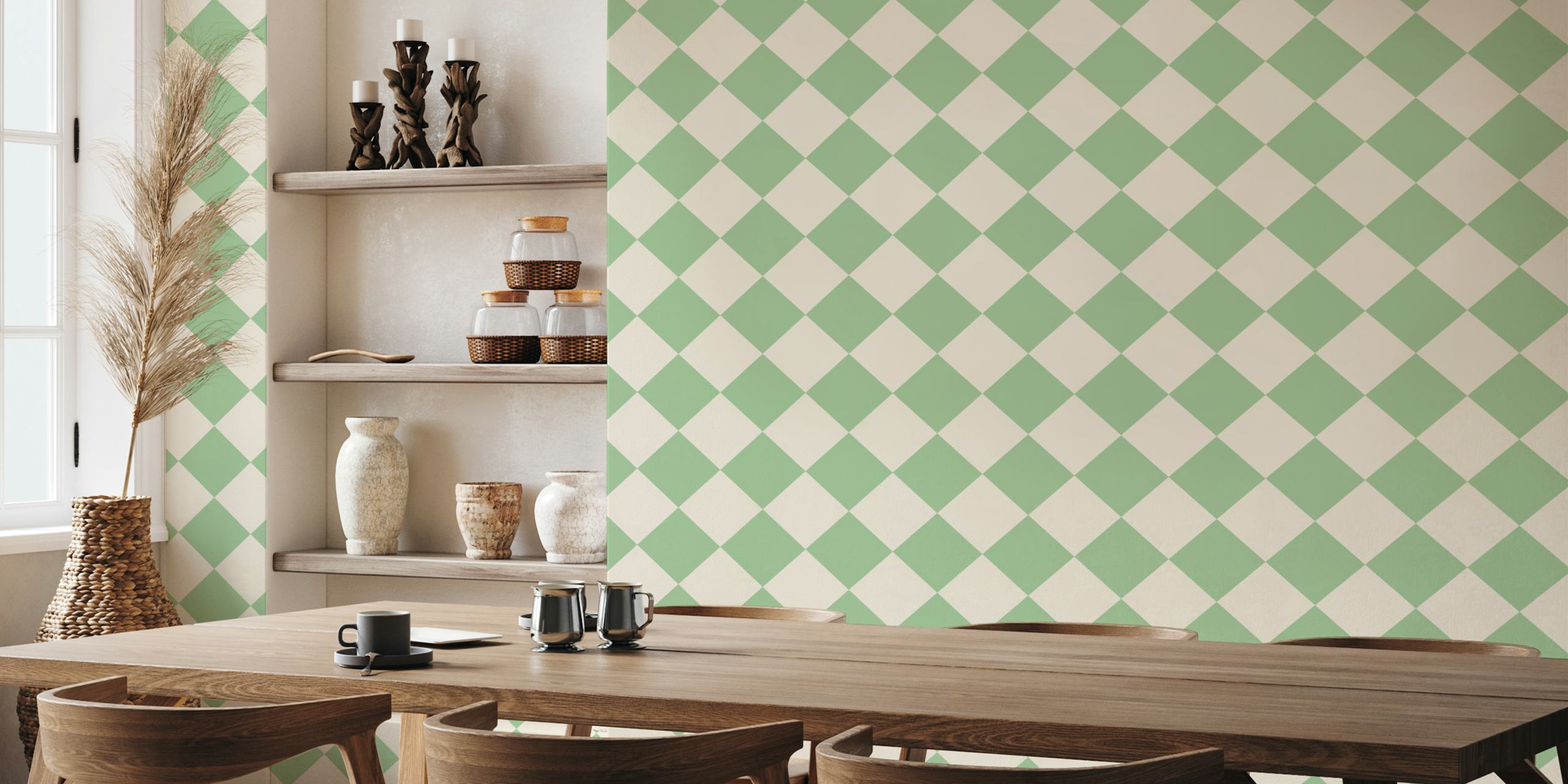 Tapeta Diagonal Checkerboard w vintage zielonym i beżowym
