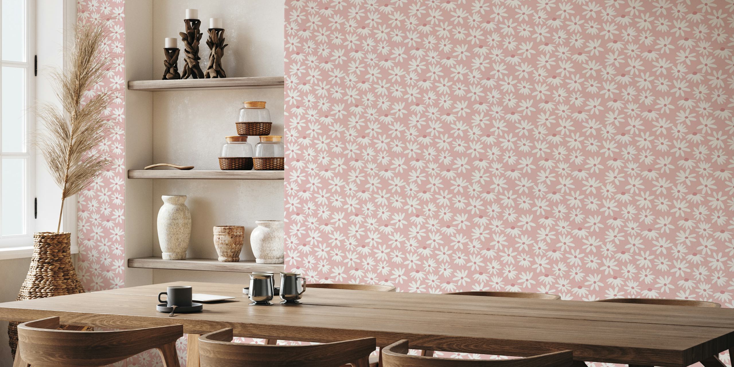 Retro floral daisy pattern in pink and white wallpaper