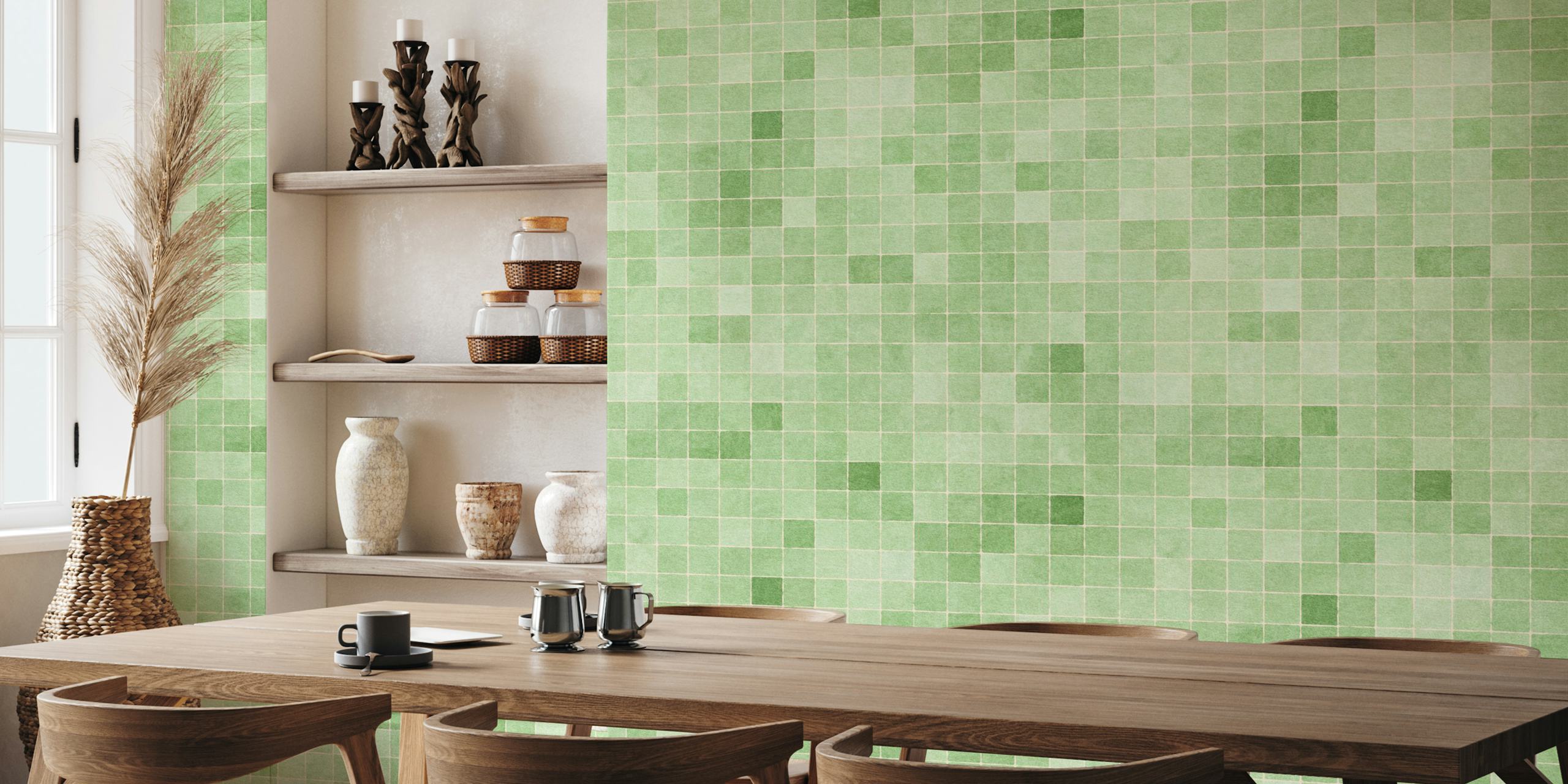 Green mosaic tile pattern wallpaper for modern decor