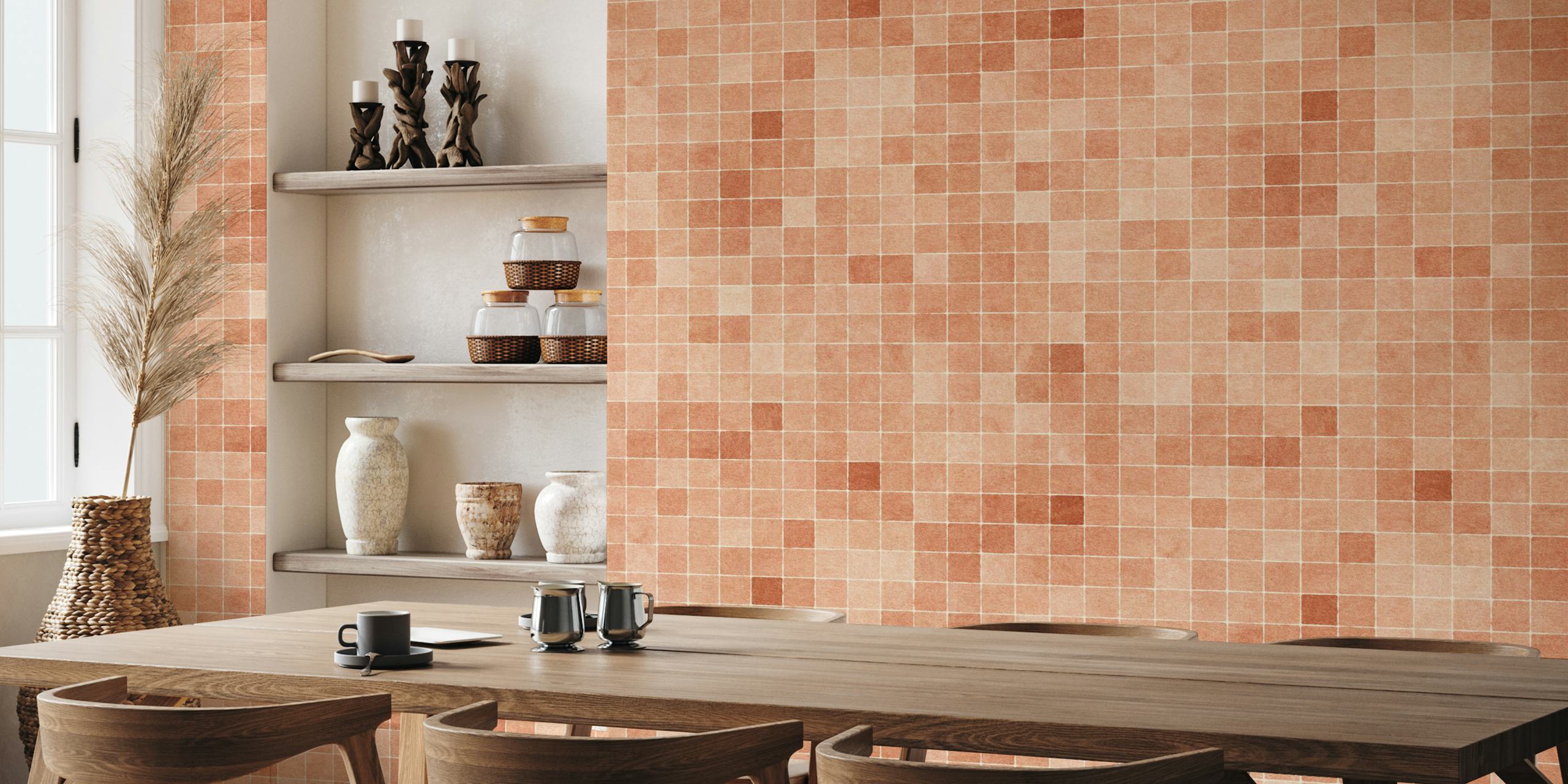 Peach mosaic tiles pattern with varying shades wallpaper