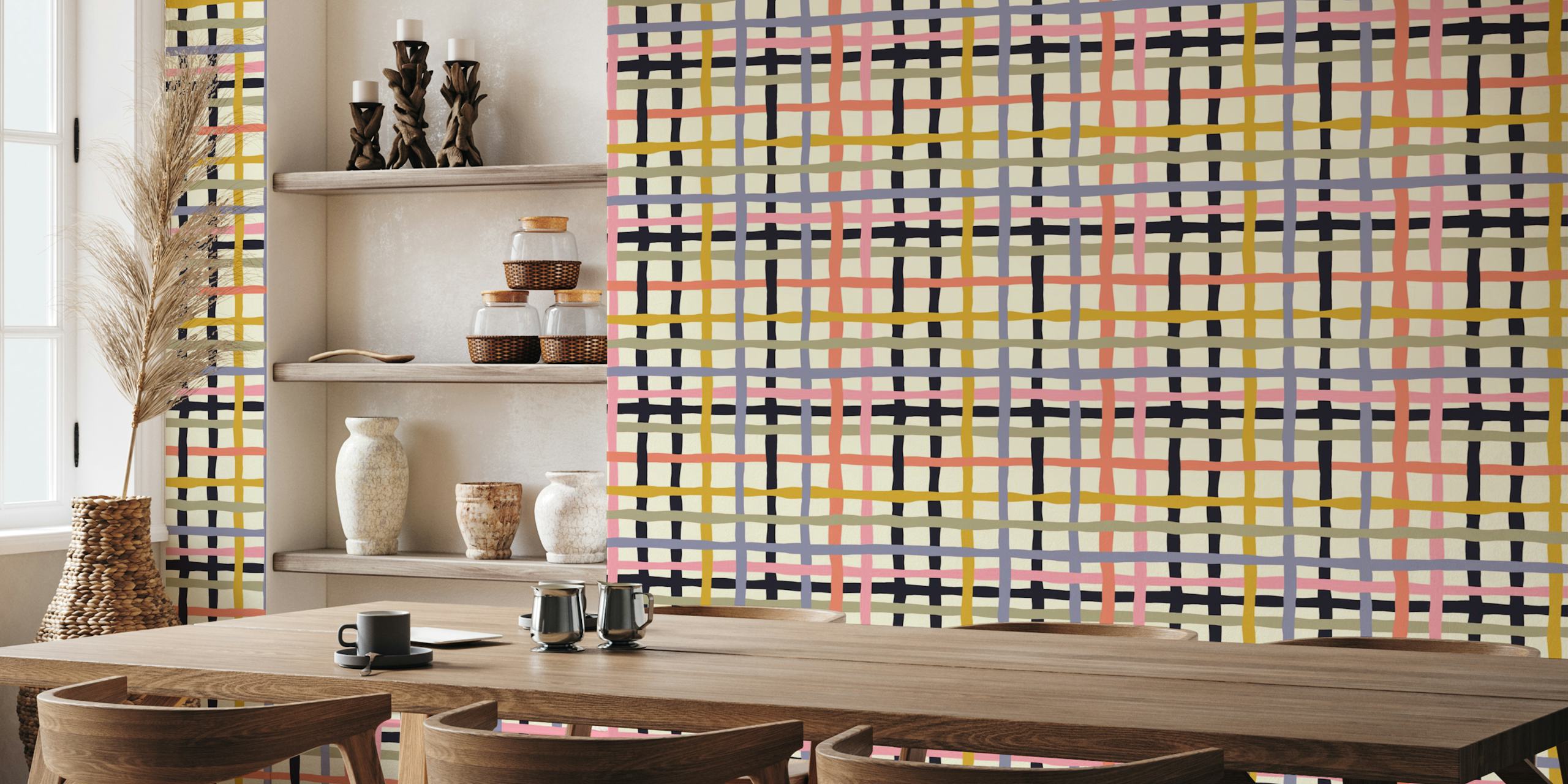 Playful woven checkerboard pattern in cream, pink, blue, and black wallpaper