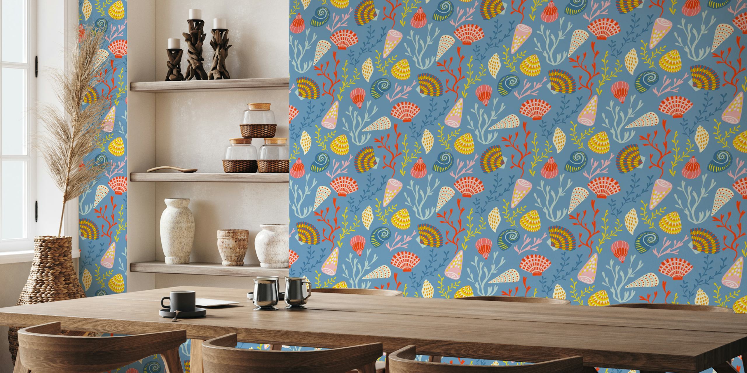 colorful seashells and corals on a blue background wallpaper