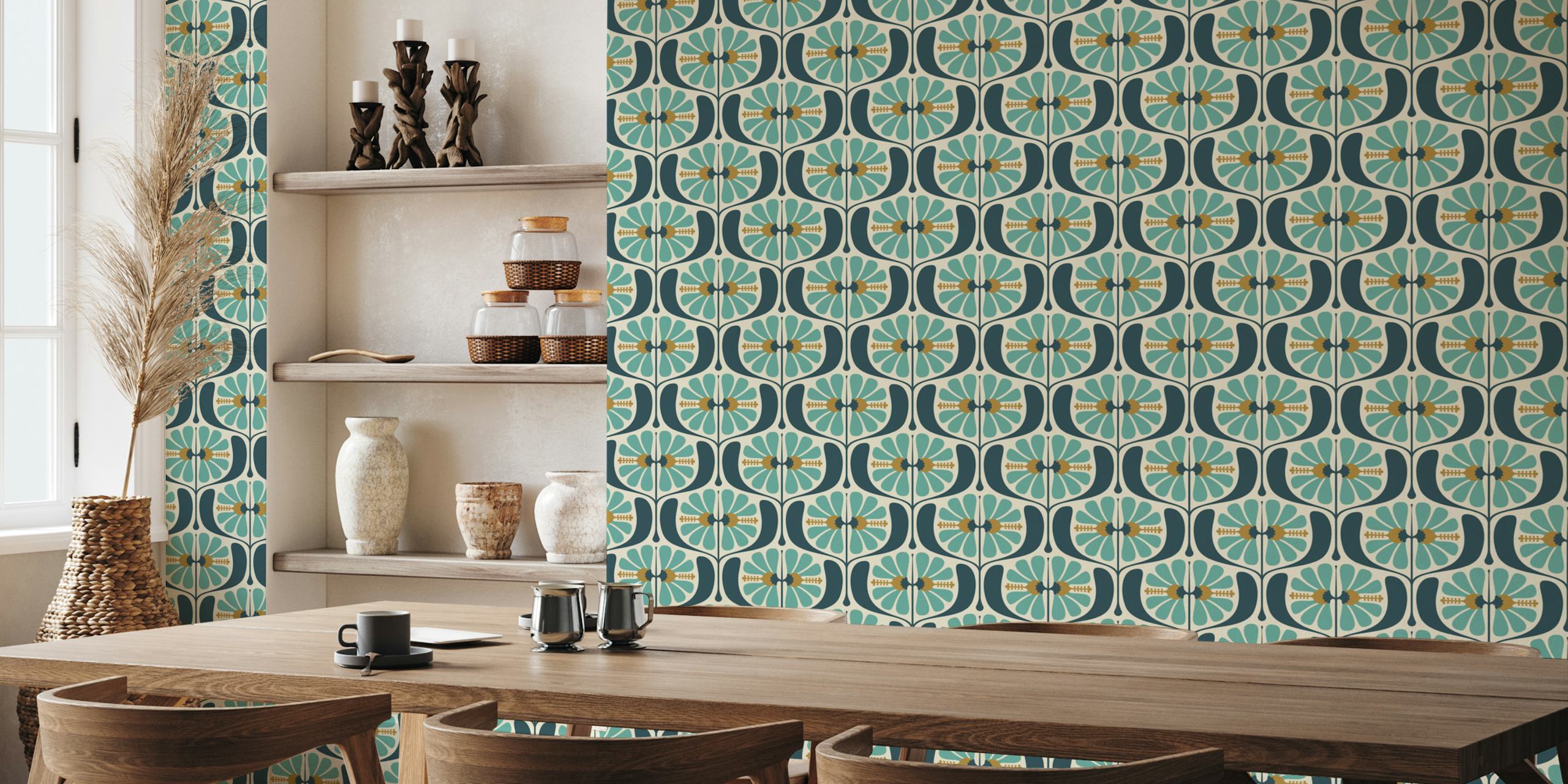KF 0241 D Vintage Retro Květinové tapety s elegantními modrými a hořčičnými květinovými vzory na moderním pozadí.