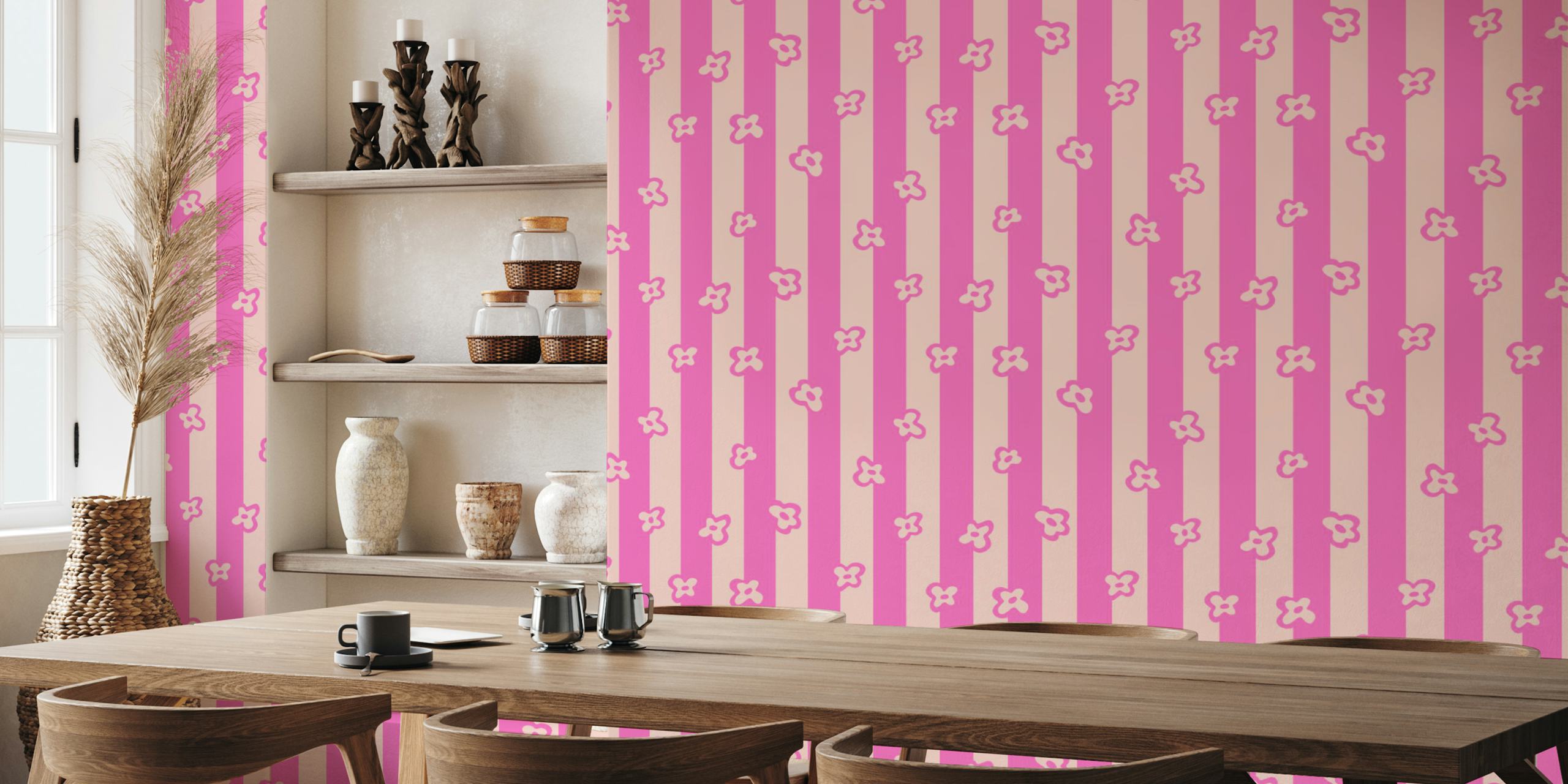 Pink floral stripes wallpaper featuring playful flower patterns