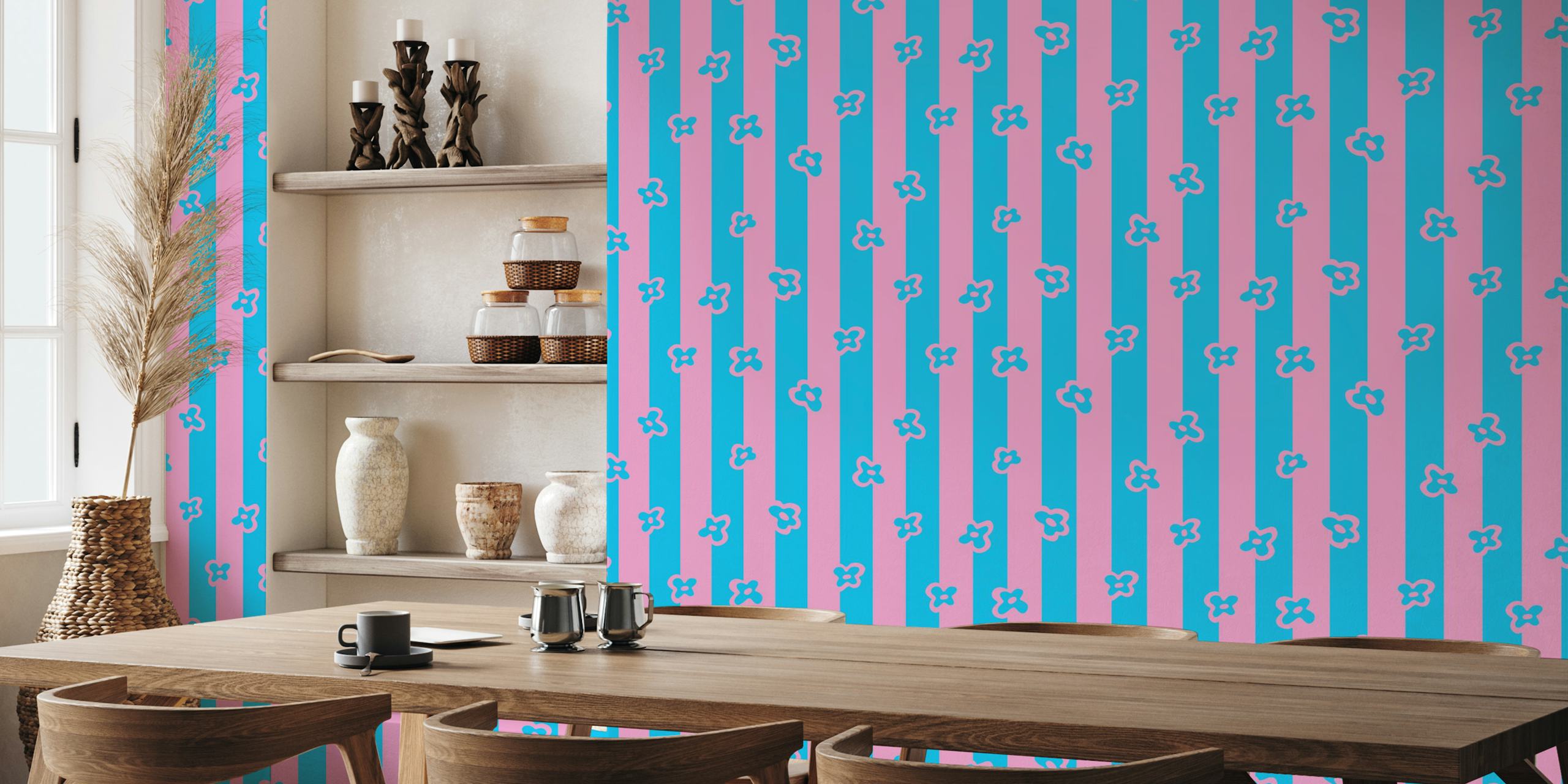 Retro floral pattern in pink and blue stripes wallpaper
