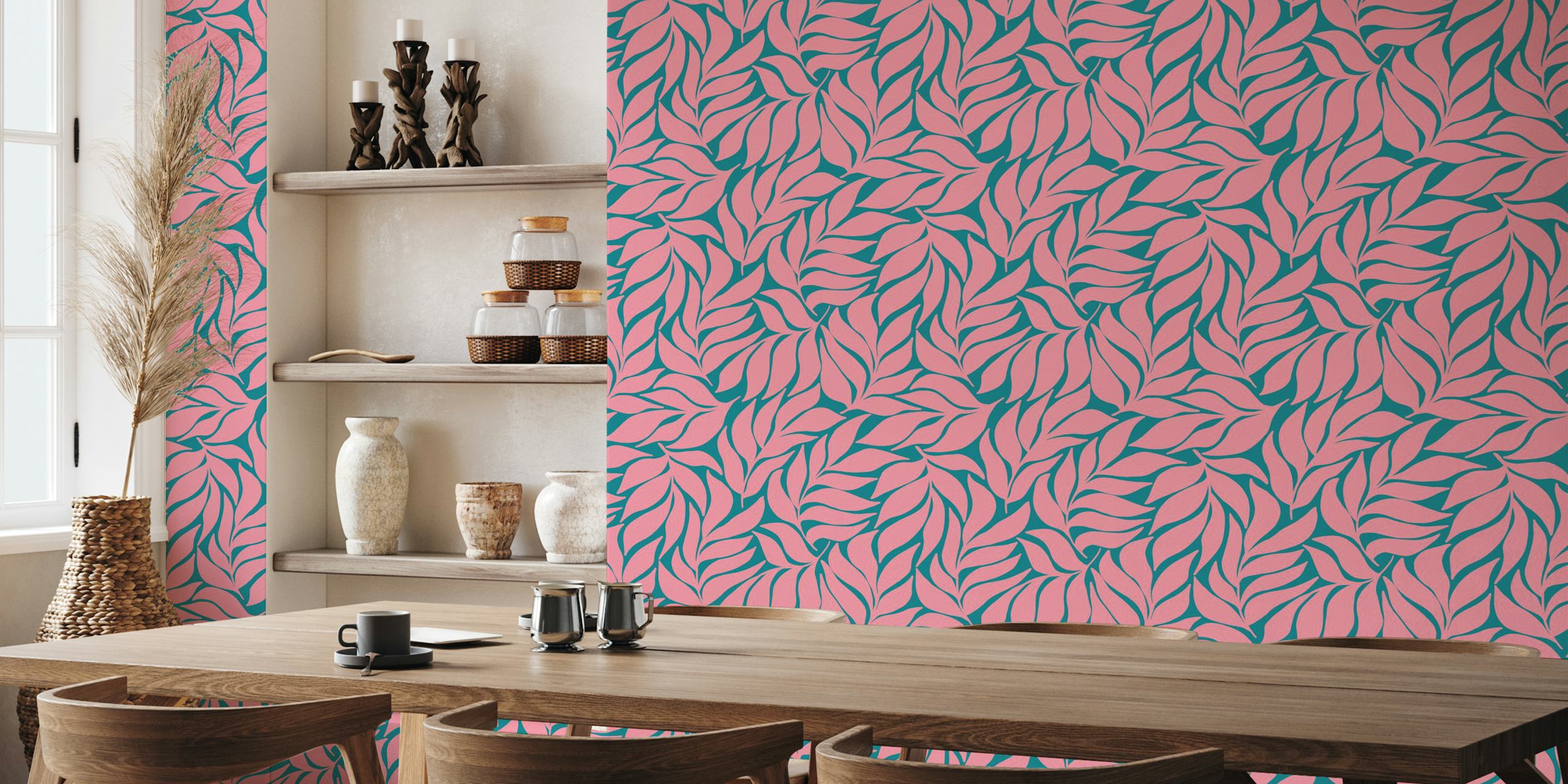 Wavy Tropical Leaves - Coral on Dark Teal em um quarto