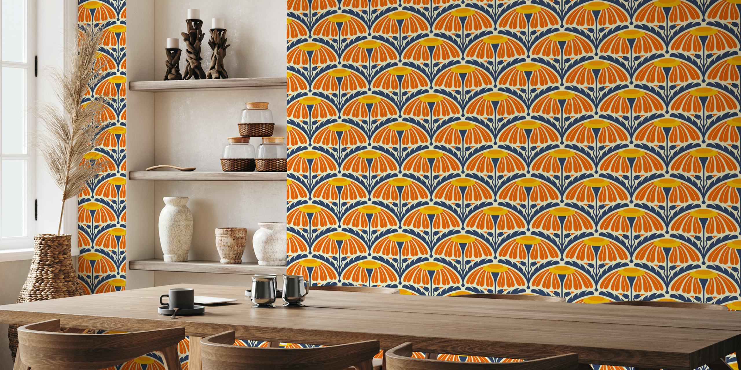 Vintage floral wallpaper in orange and navy with large blooms and leaves