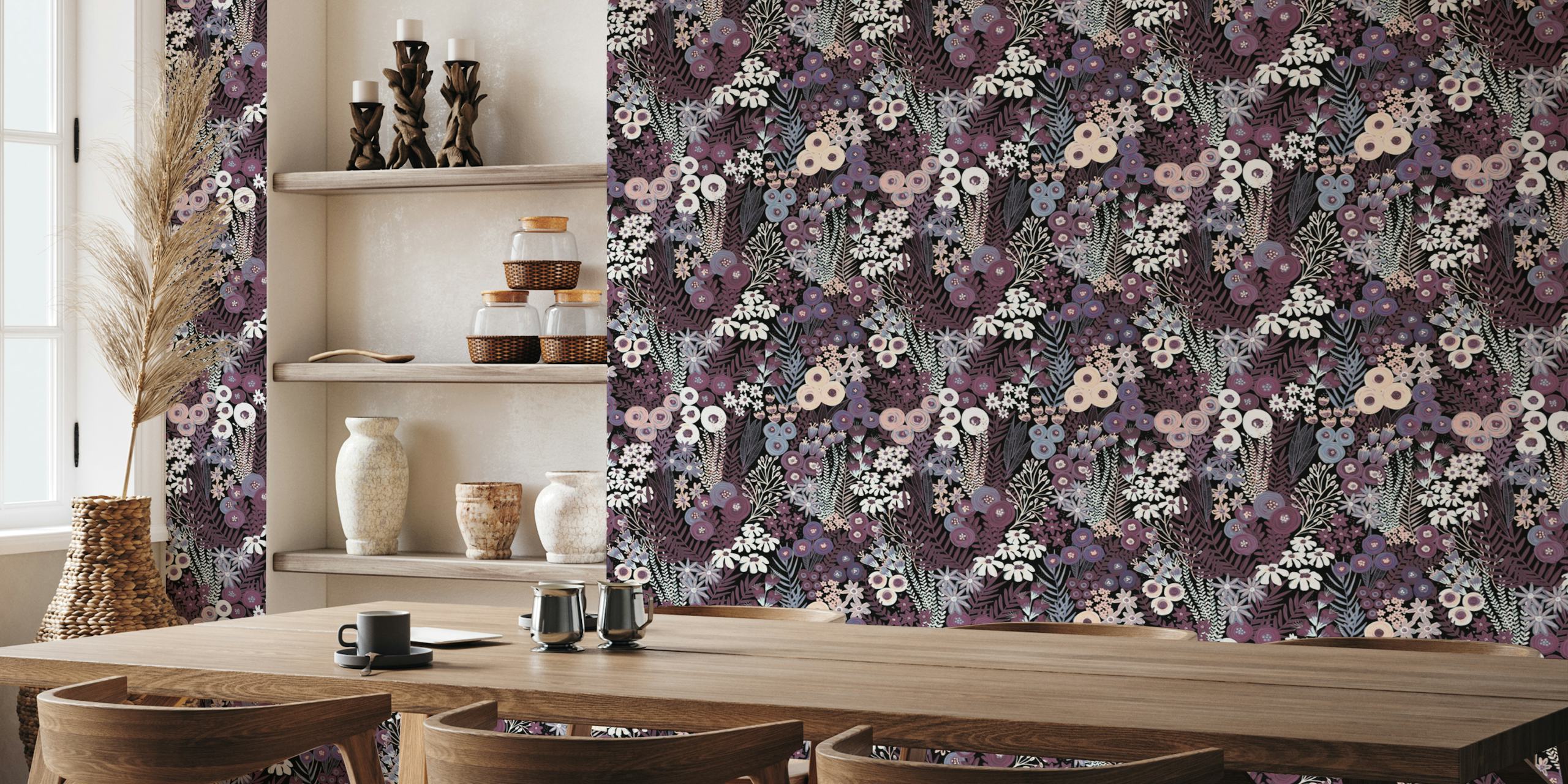 Painterly wildflower meadow wallpaper in a room