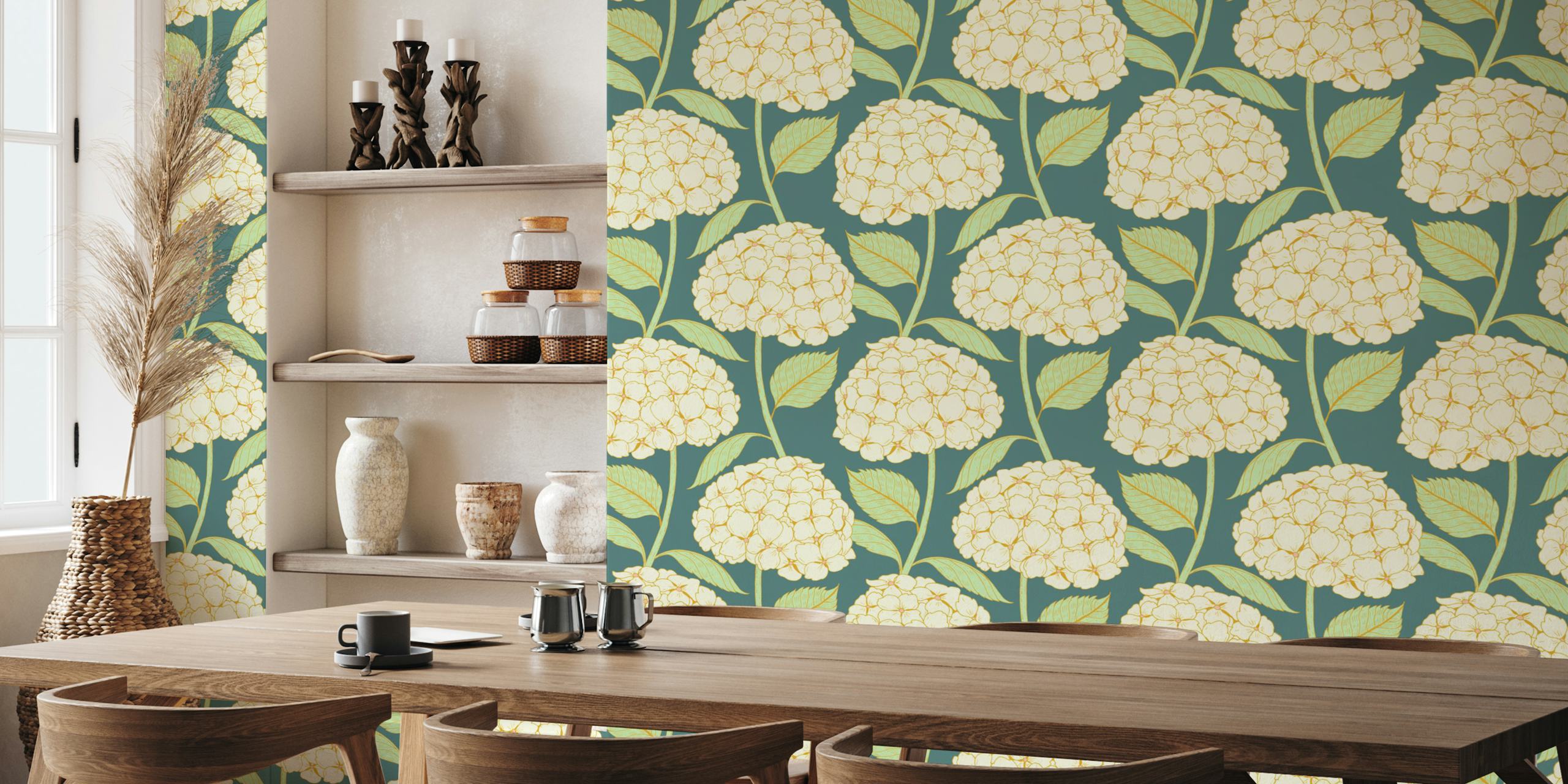 Elegant white hydrangeas with green leaves on a dark green background wall mural