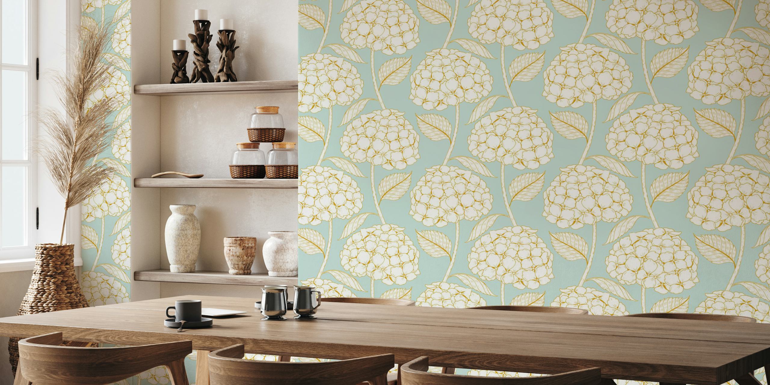 white hydrangea flowers on powder blue Tapete