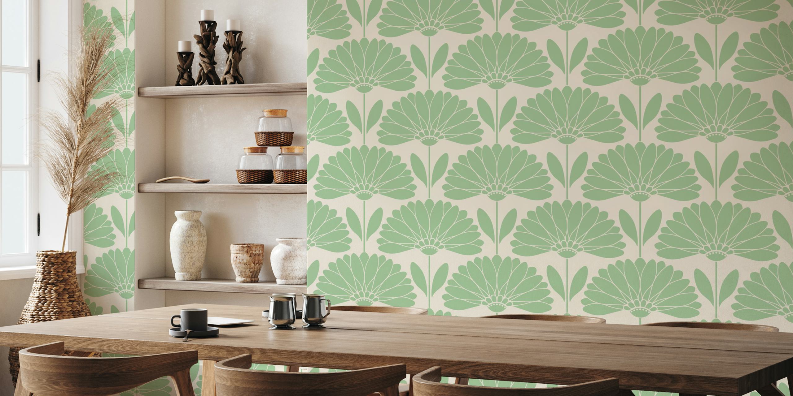 Green floral wallpaper with large beige daisies and leaves