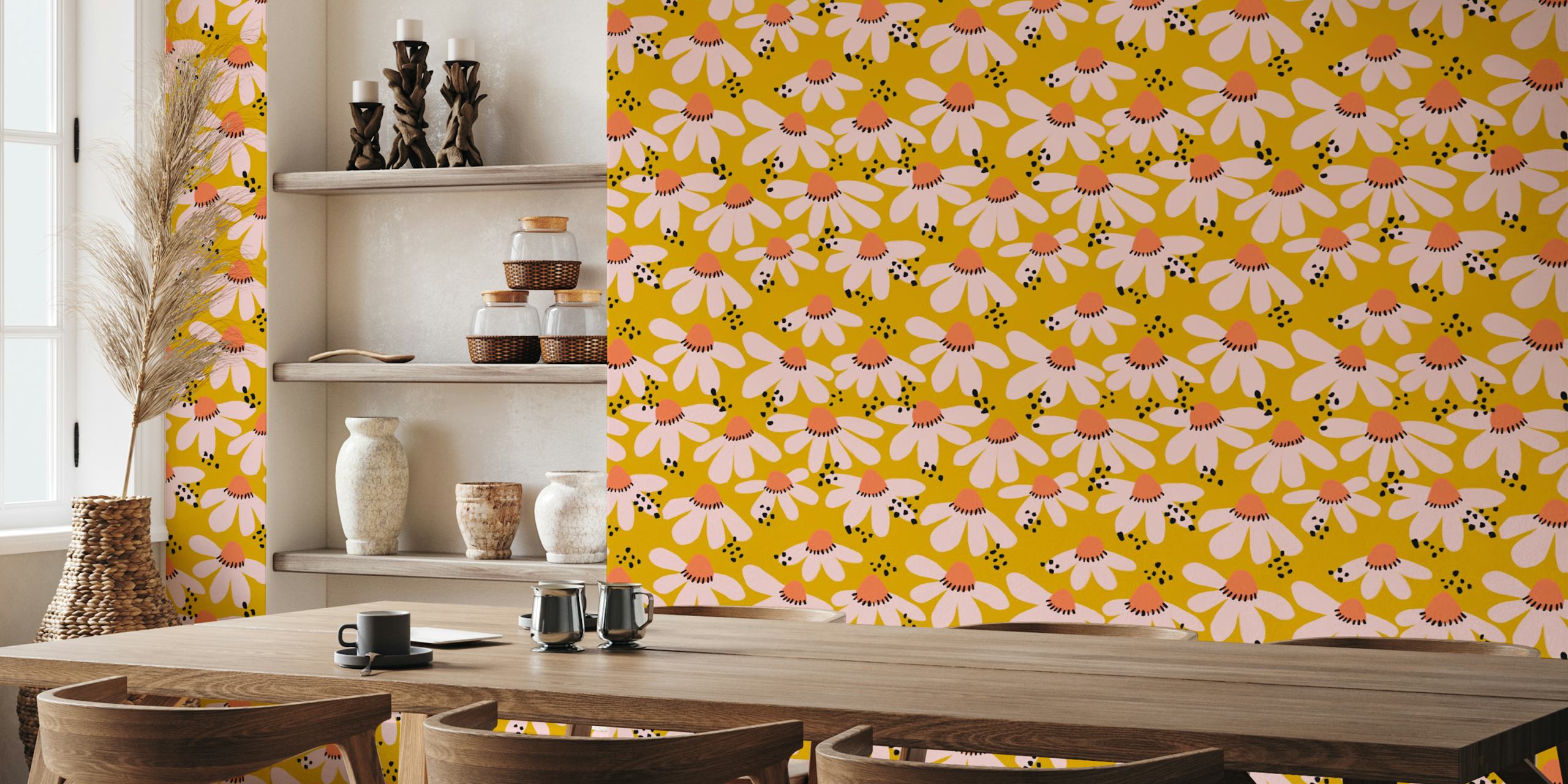 Pink flowers with peach centers and black dots wallpaper