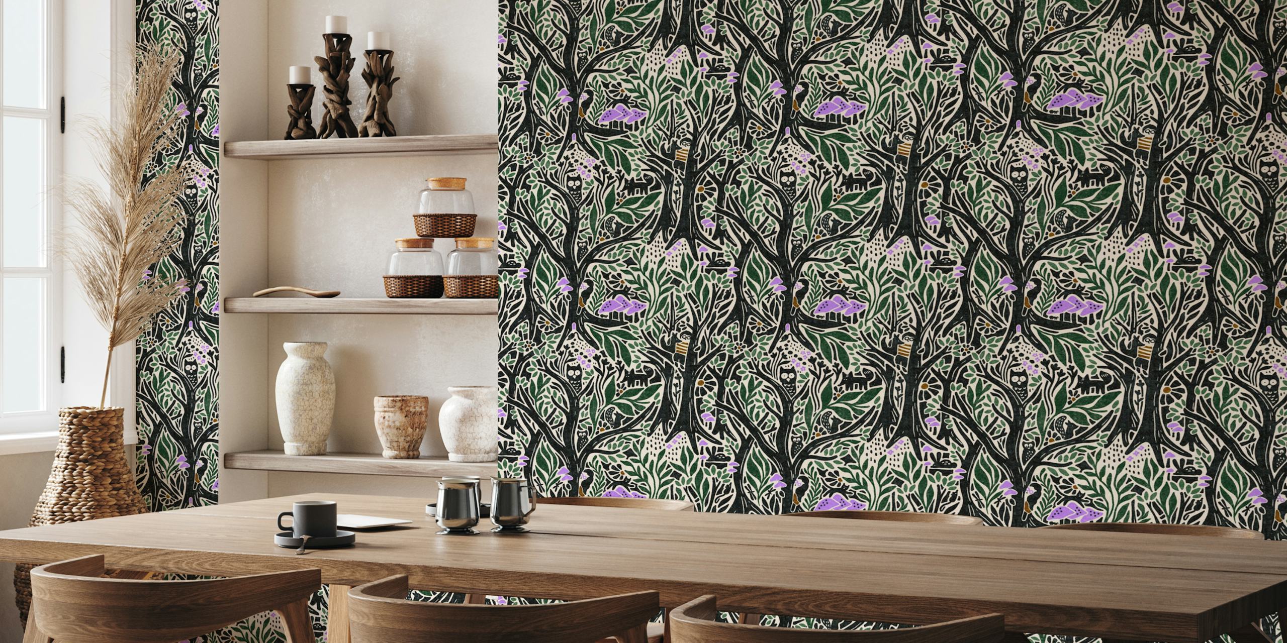 Whimsical nature scene with trees and animals in green and black wallpaper