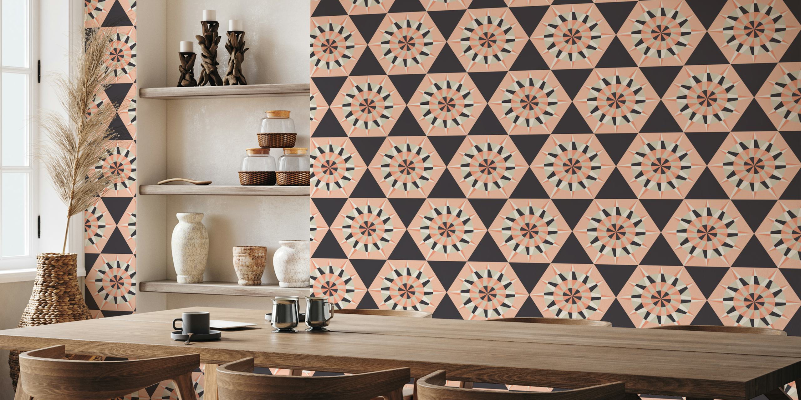 Kaleidoscope Charcoal geometric pattern wall mural in charcoal, peach, and muted tones.