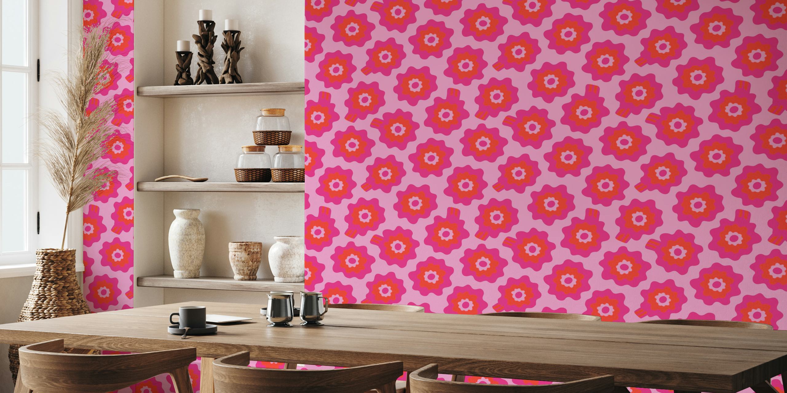 Colorful retro floral pattern in pink hues wallpaper