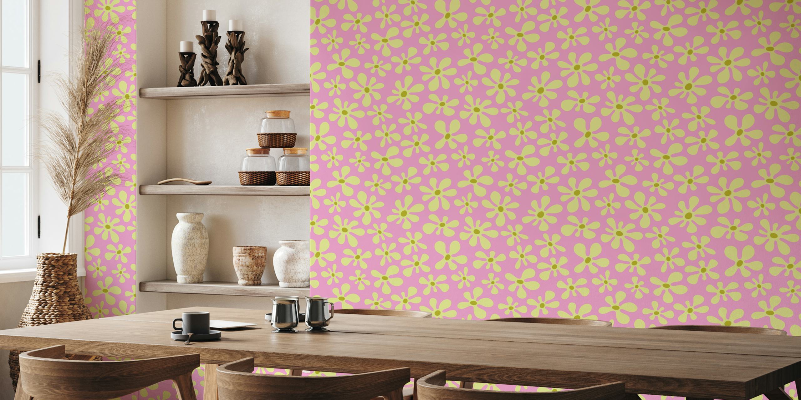 Daisy Delight Papel De Parede Floral Rosa Retro Em Um Quarto