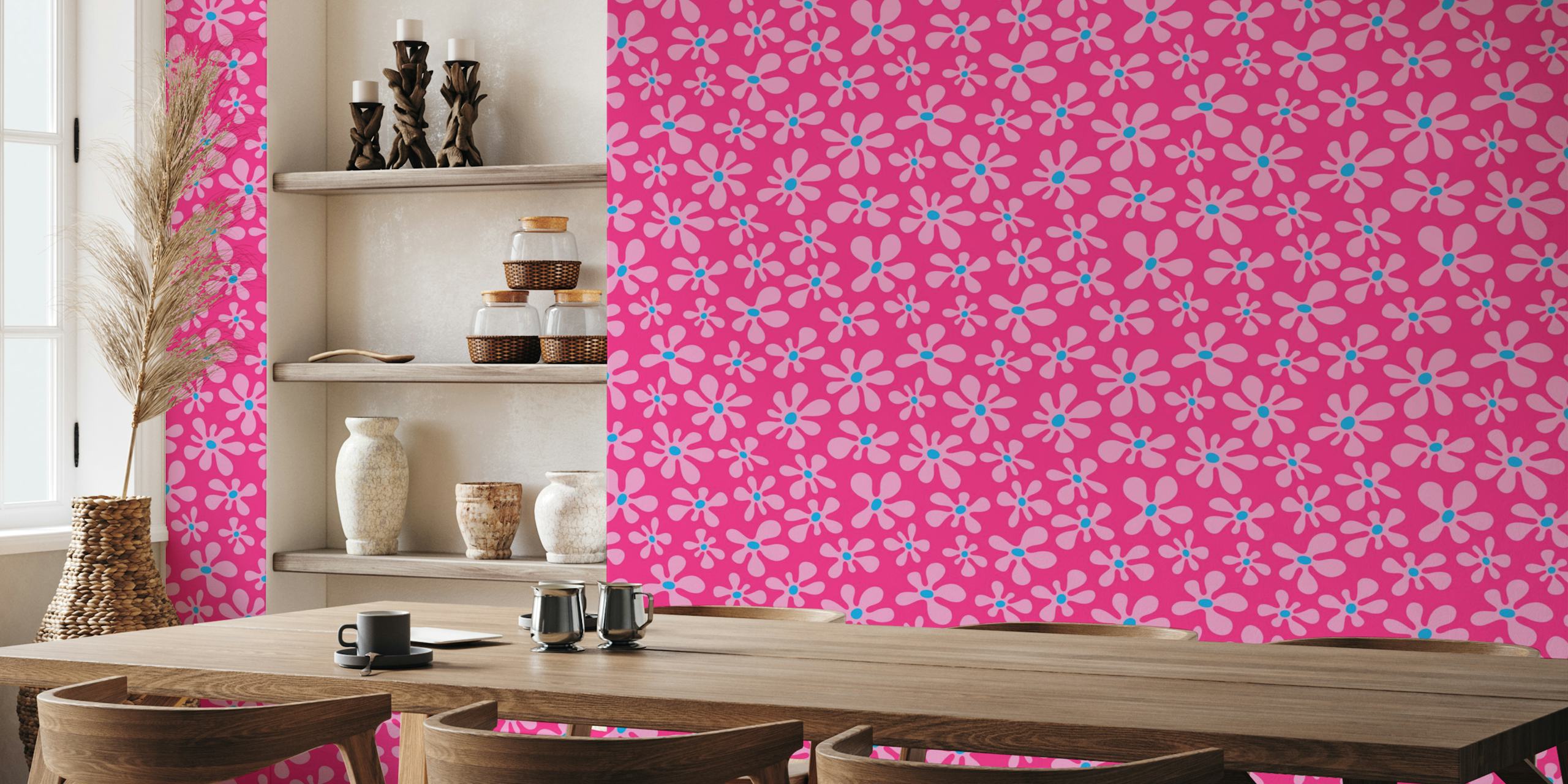 Mural de parede magenta com padrão retrô de margarida azul e rosa