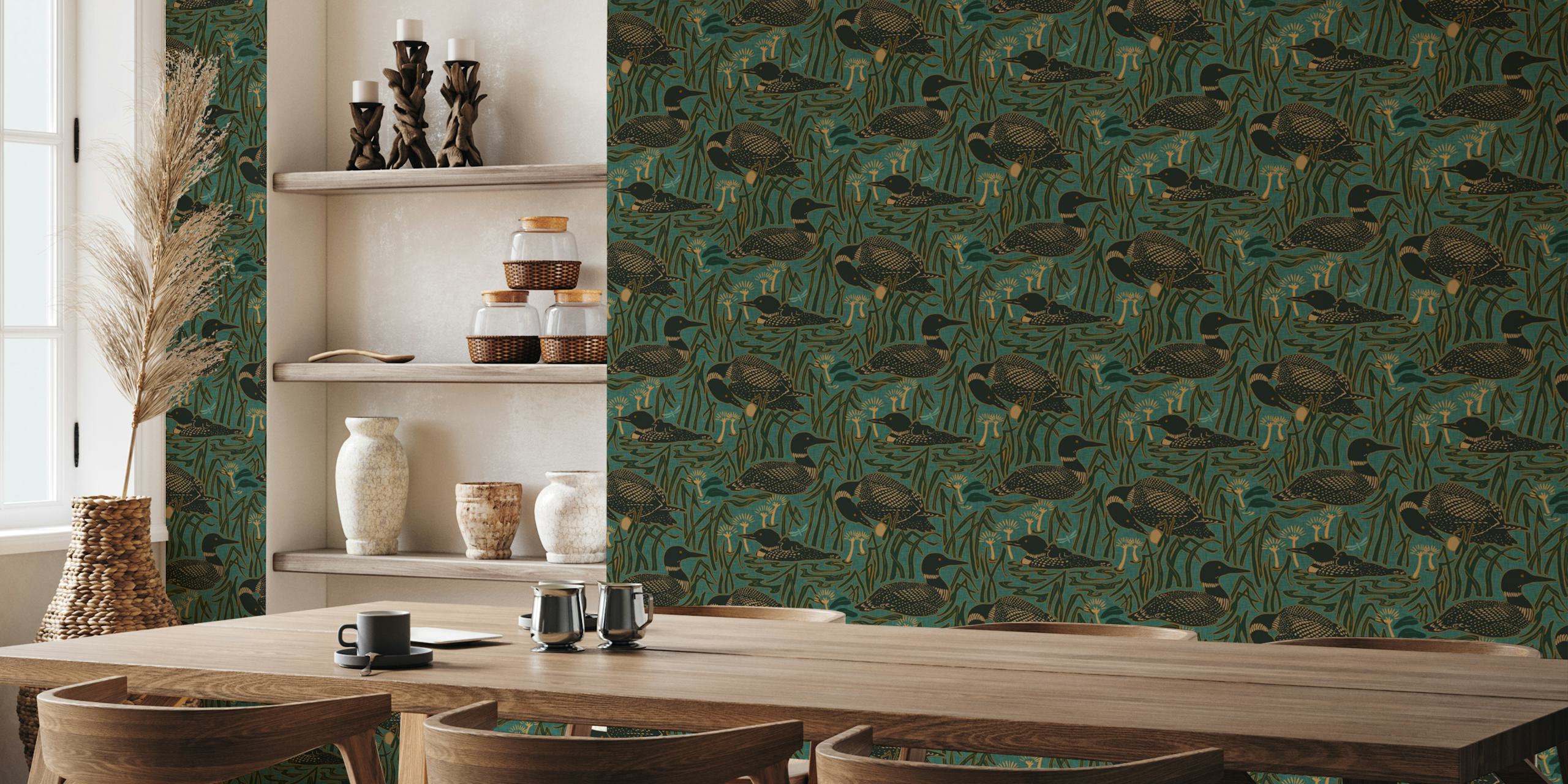 Zelená teal tapeta featuring loons on the lake