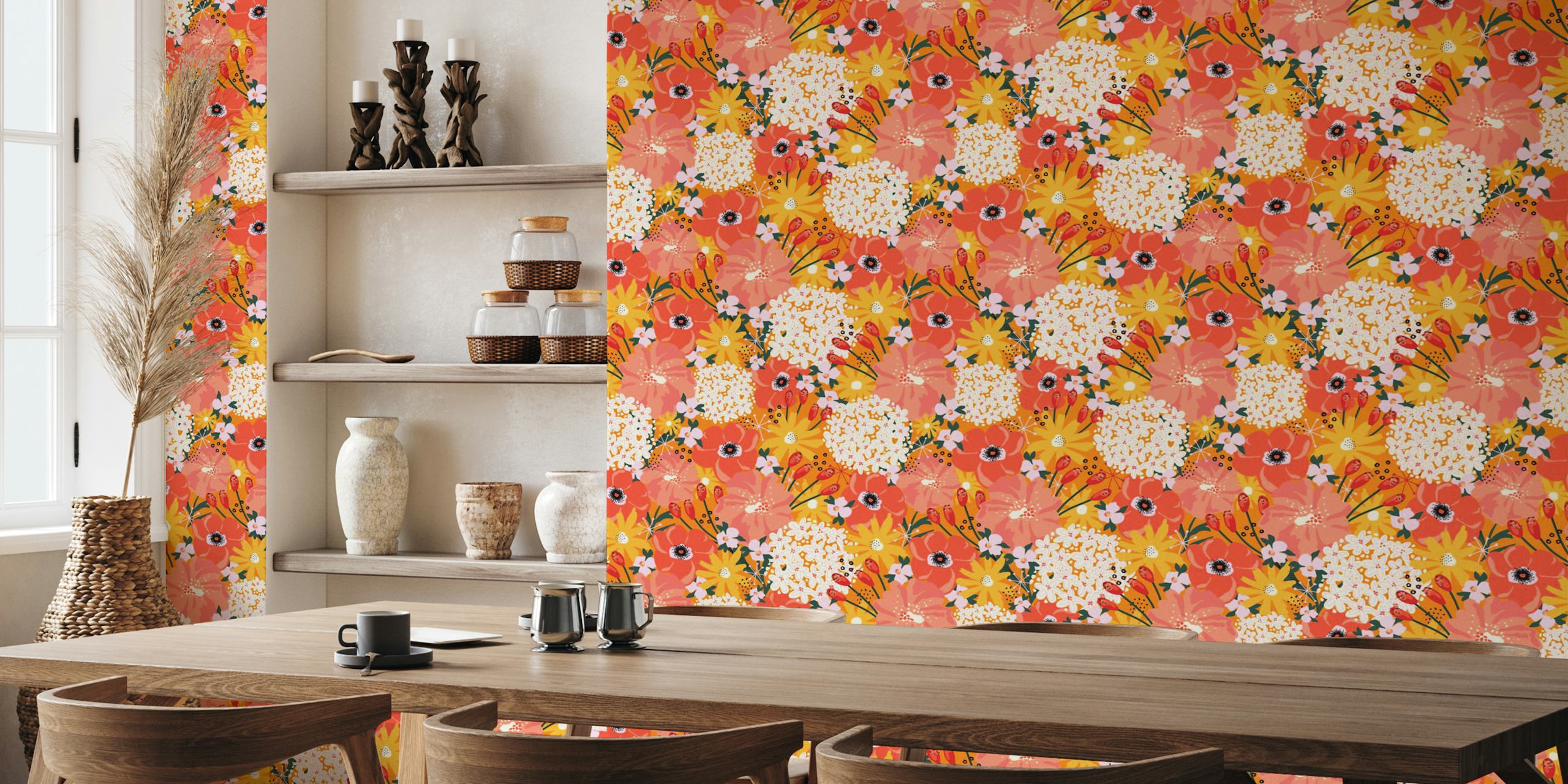 Vibrant floral wallpaper in a room