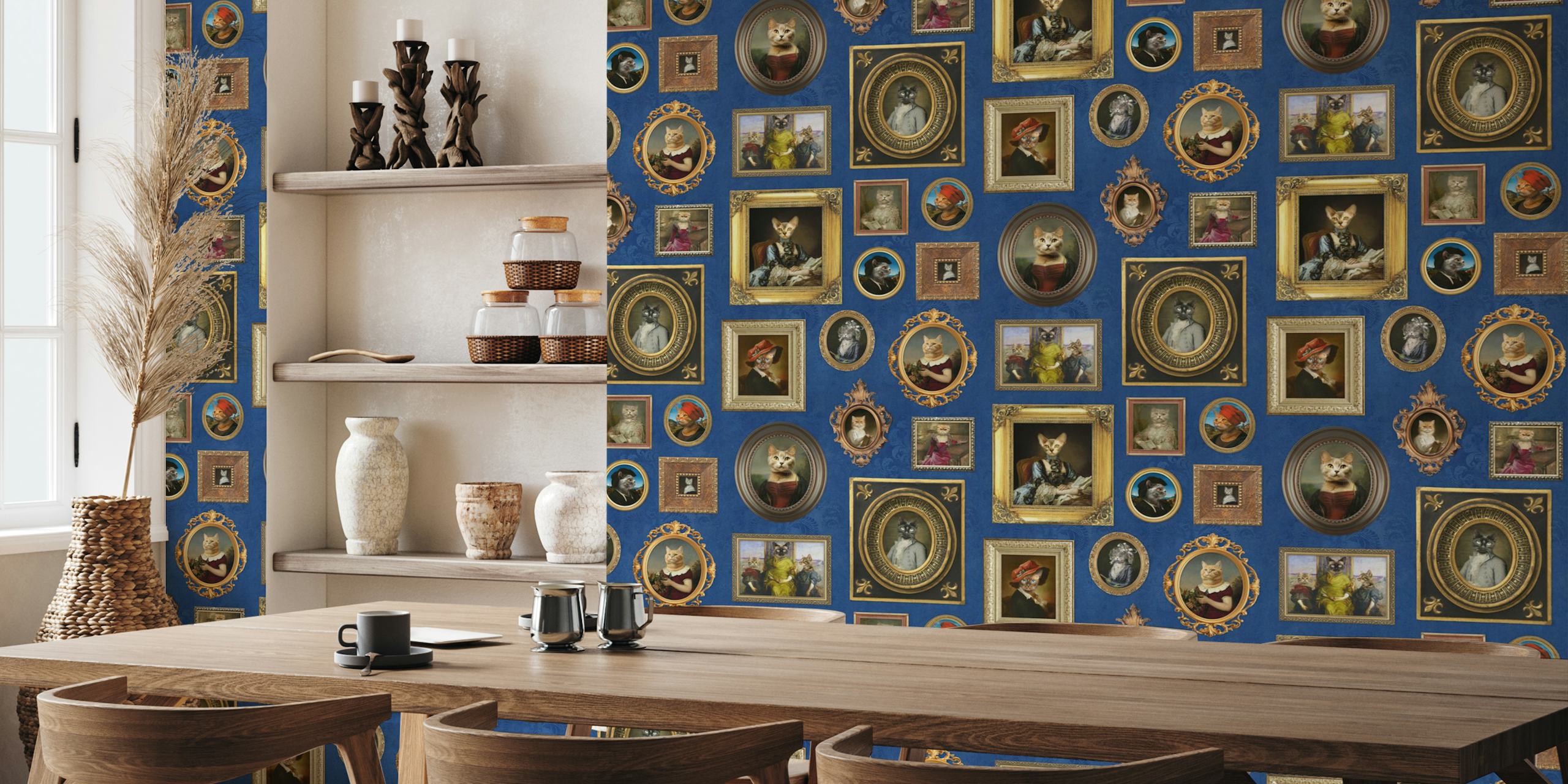 Cobalt blue tapet med kattporträtt