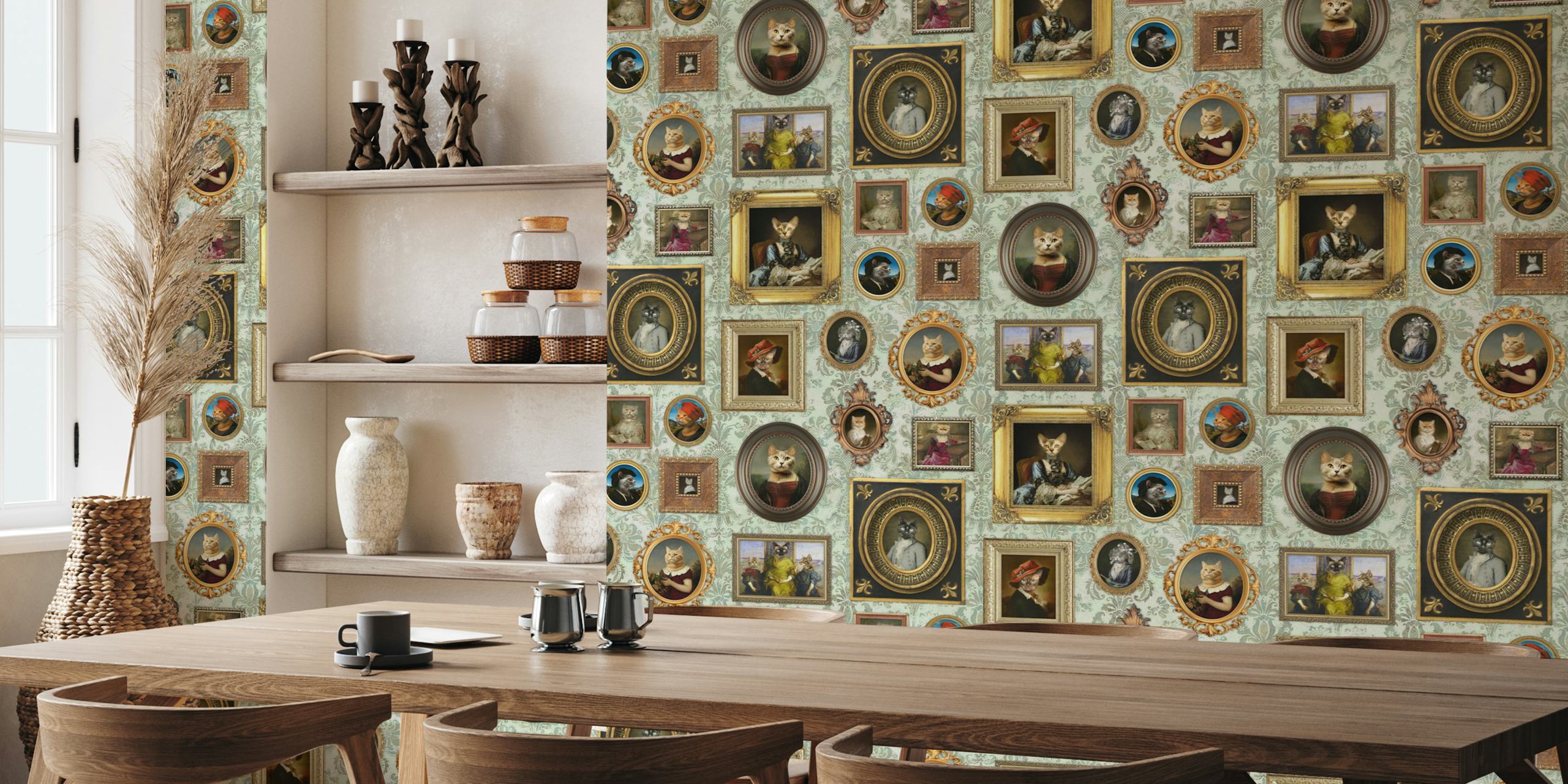 Cat-themed wallpaper in a vintage frame design
