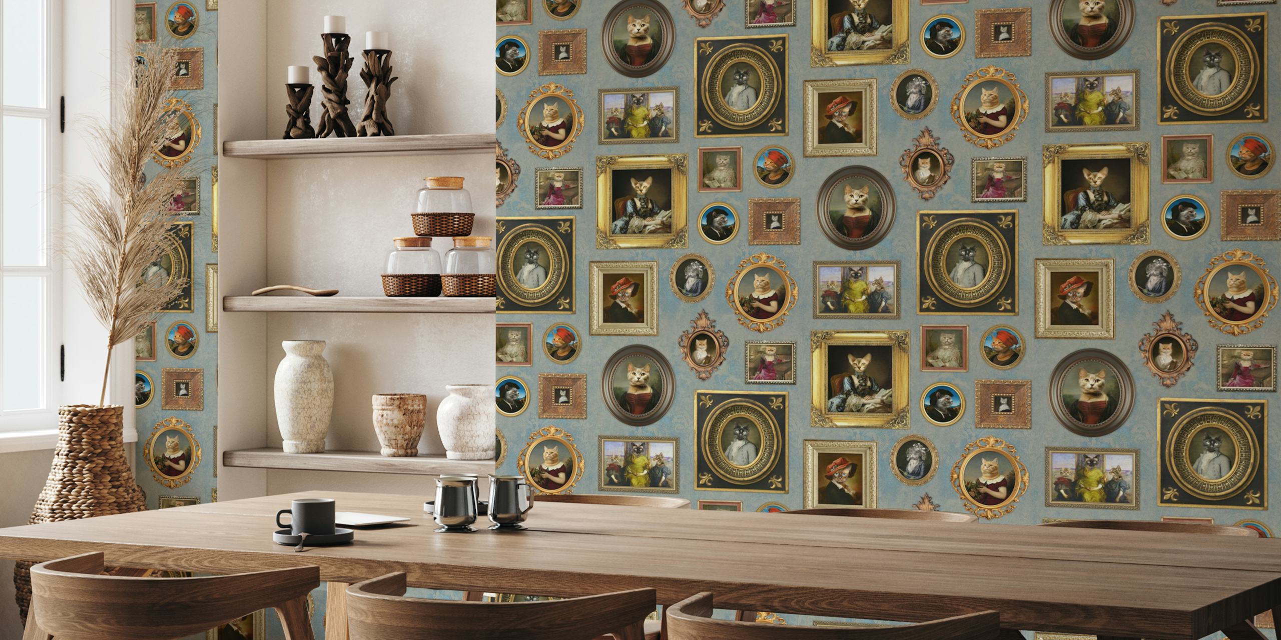 Colorful cat portraits in decorative frames on light blue wallpaper