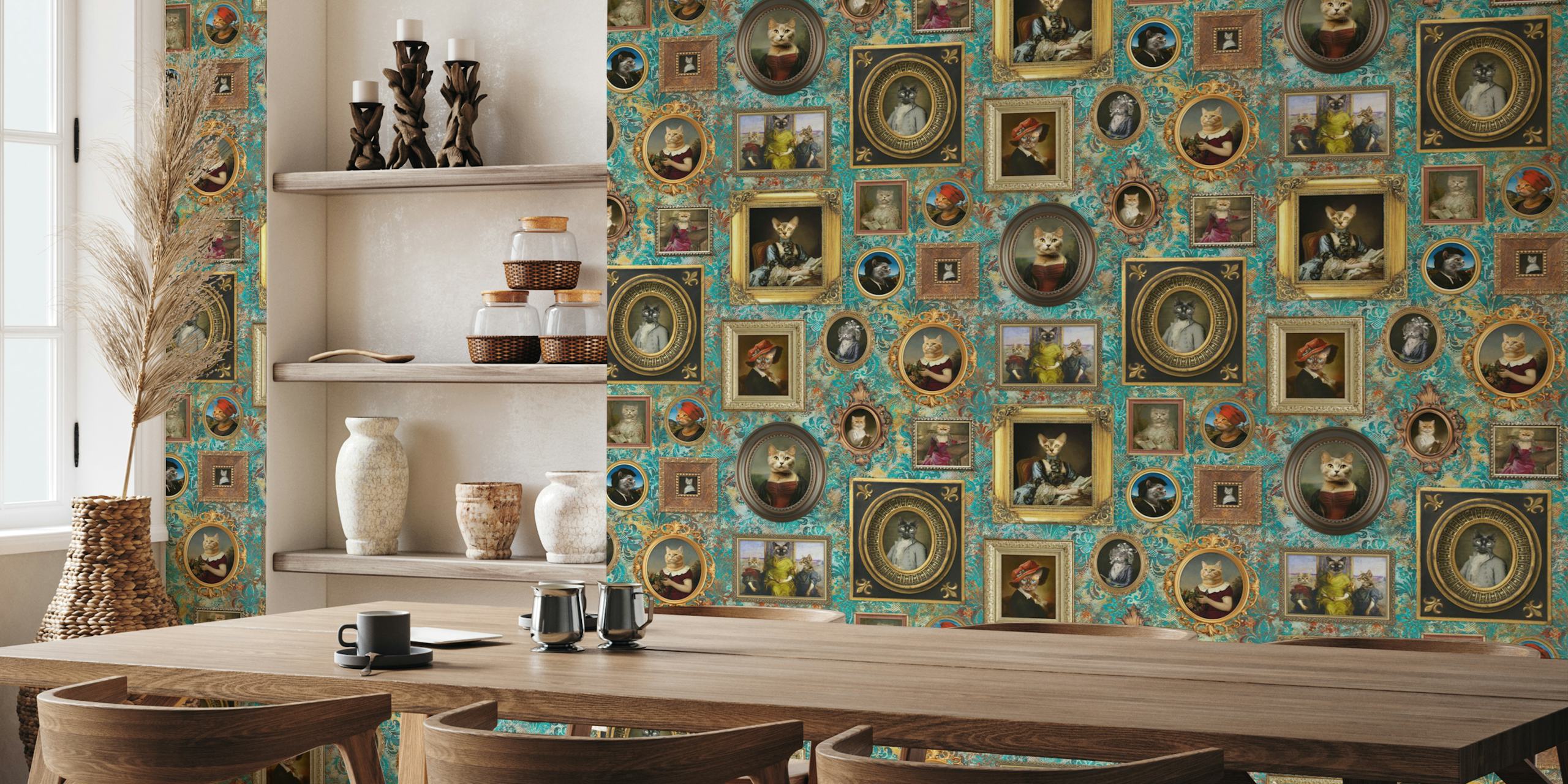 Feline portraits in ornate frames on a viridian blue backdrop wallpaper