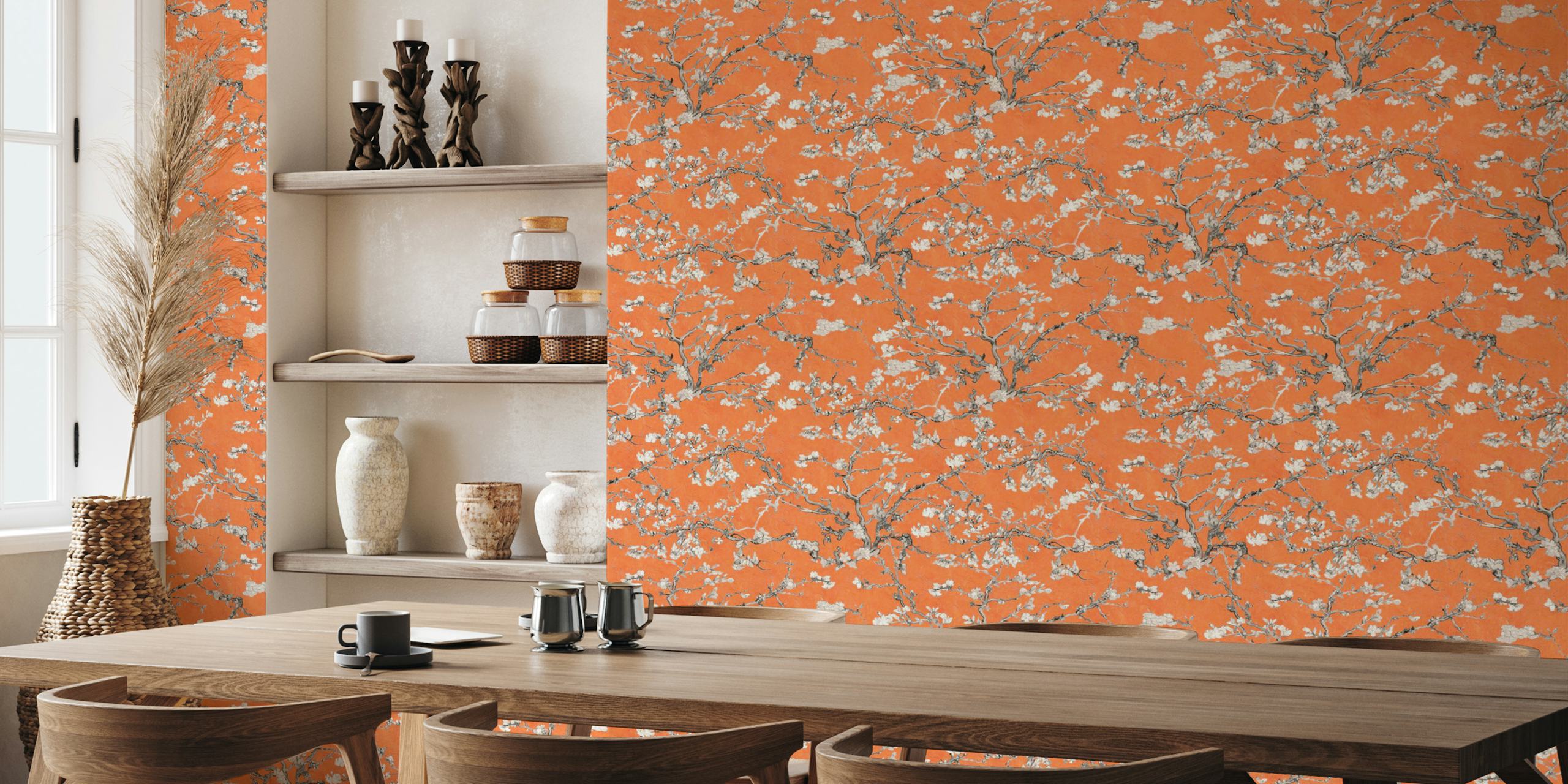 Orange and grey floral branches wallpaper