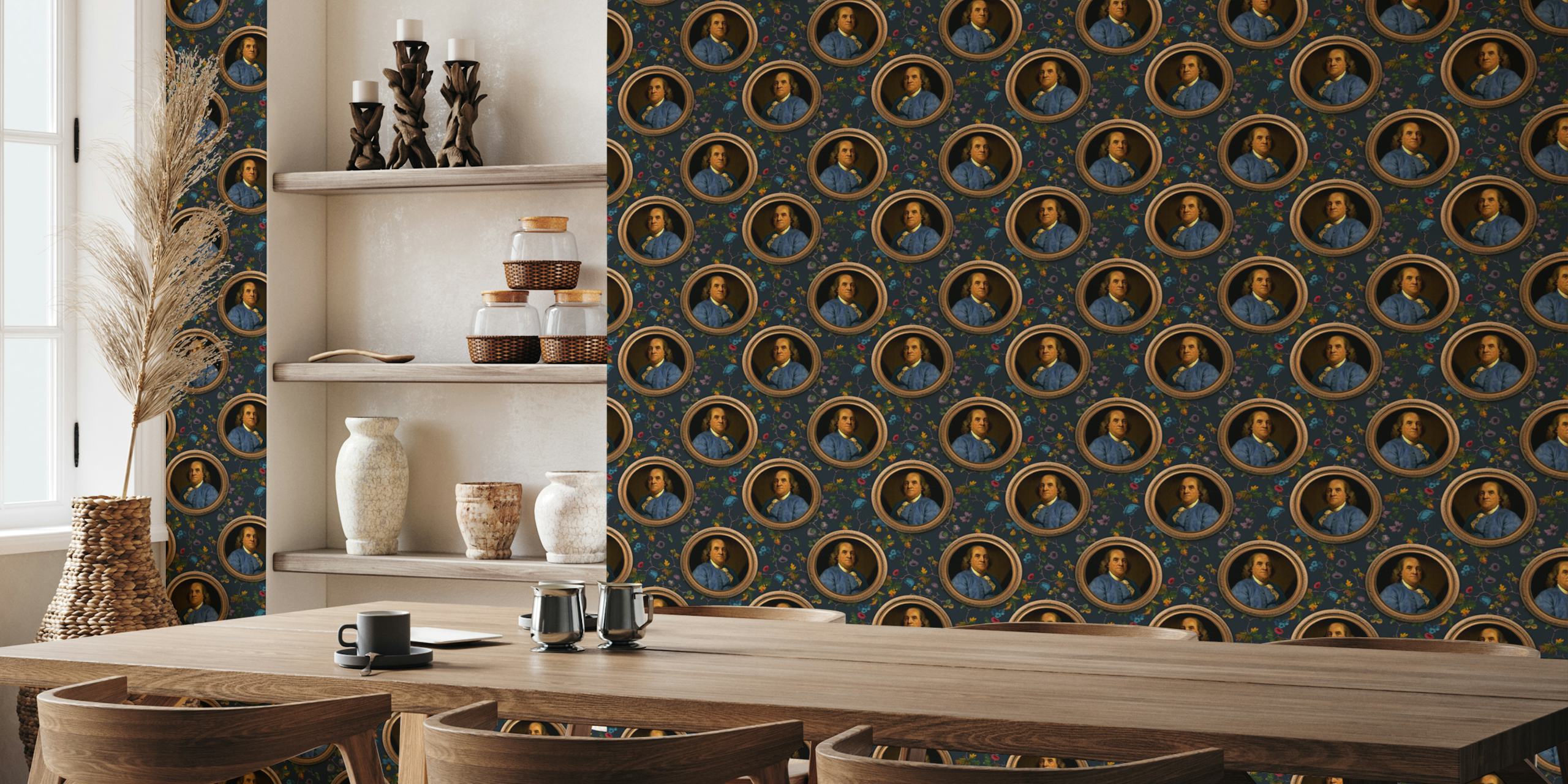 Vintage portraits of Benjamin Franklin surrounded by colorful floral patterns wallpaper
