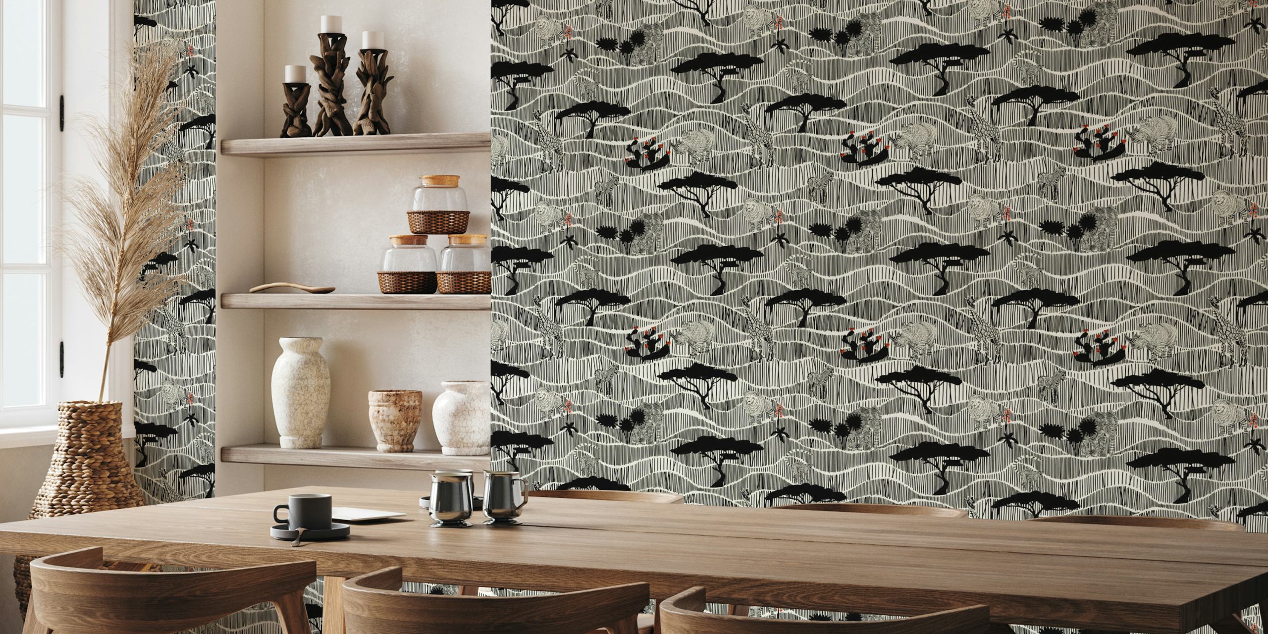 Wildlife Safari Savannah papel de parede preto e branco