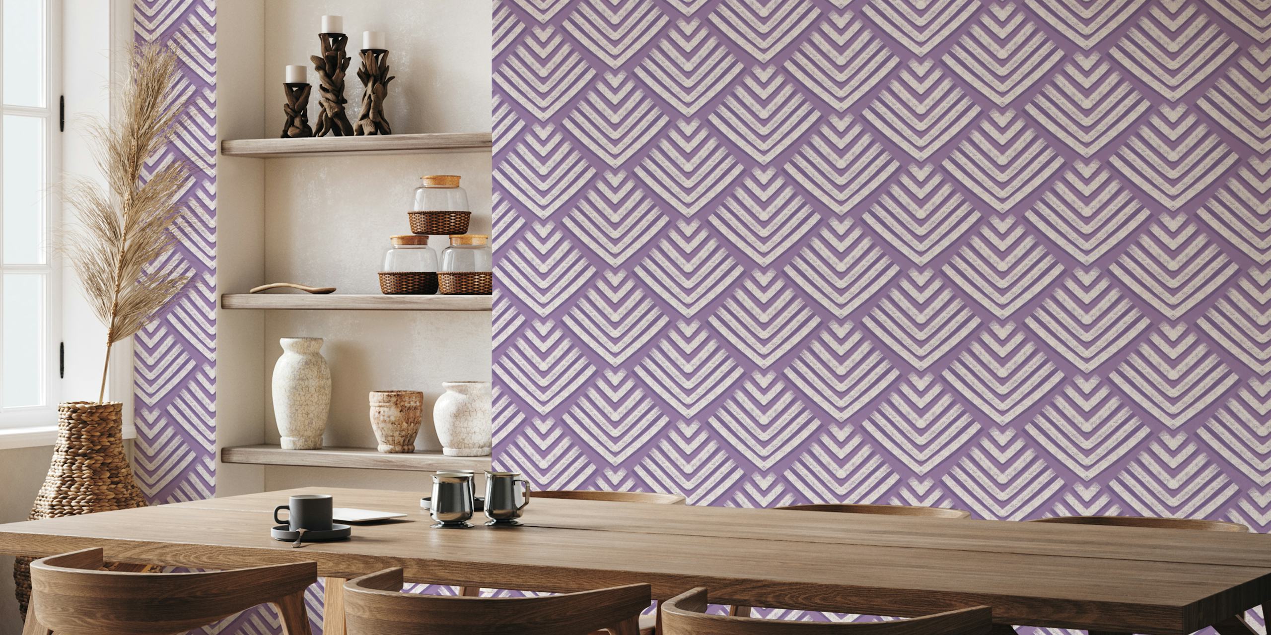 Purple and white geometric patterns resembling shells wallpaper