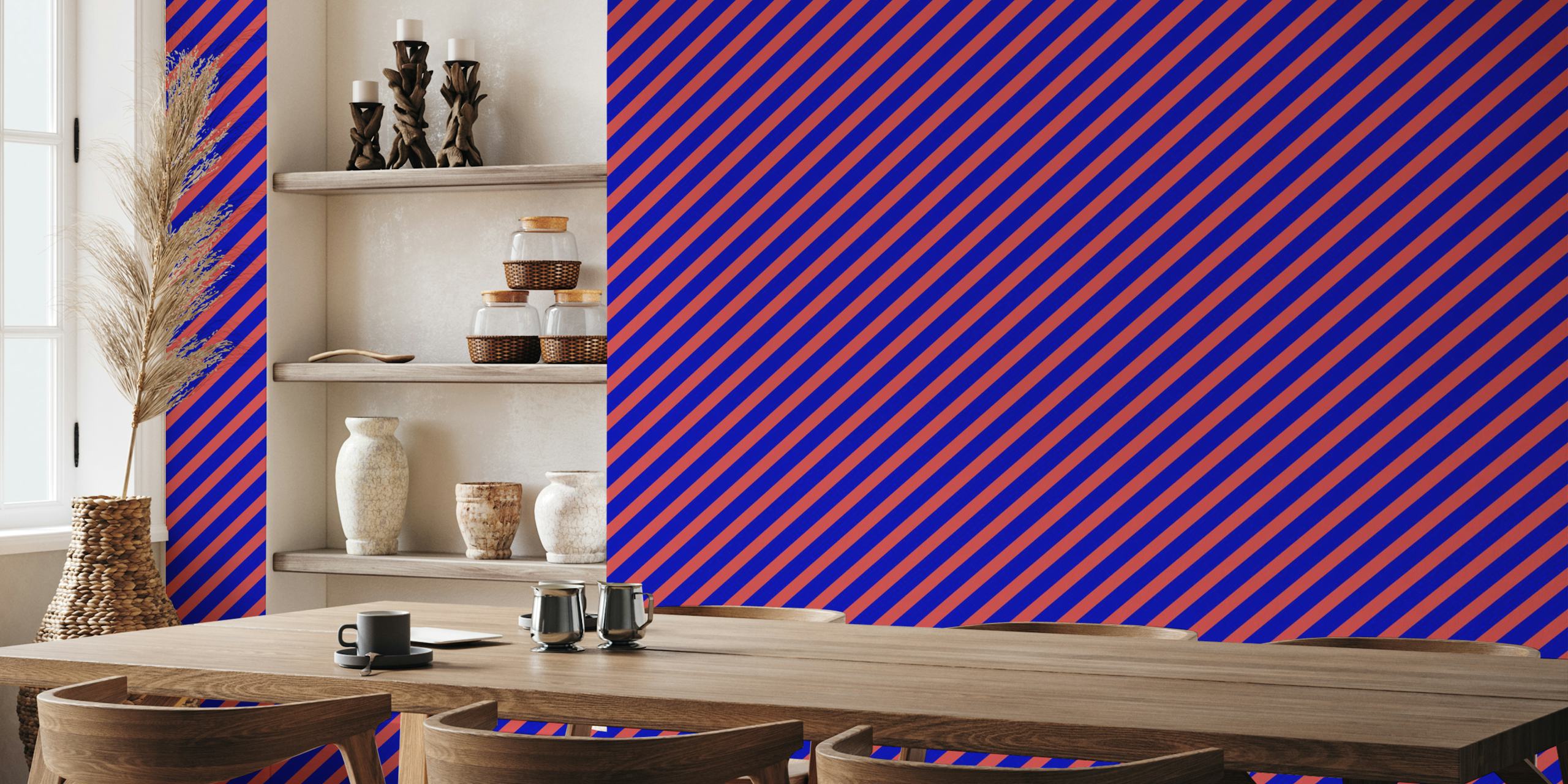 Cool blue and red diagonal striped wallpaper