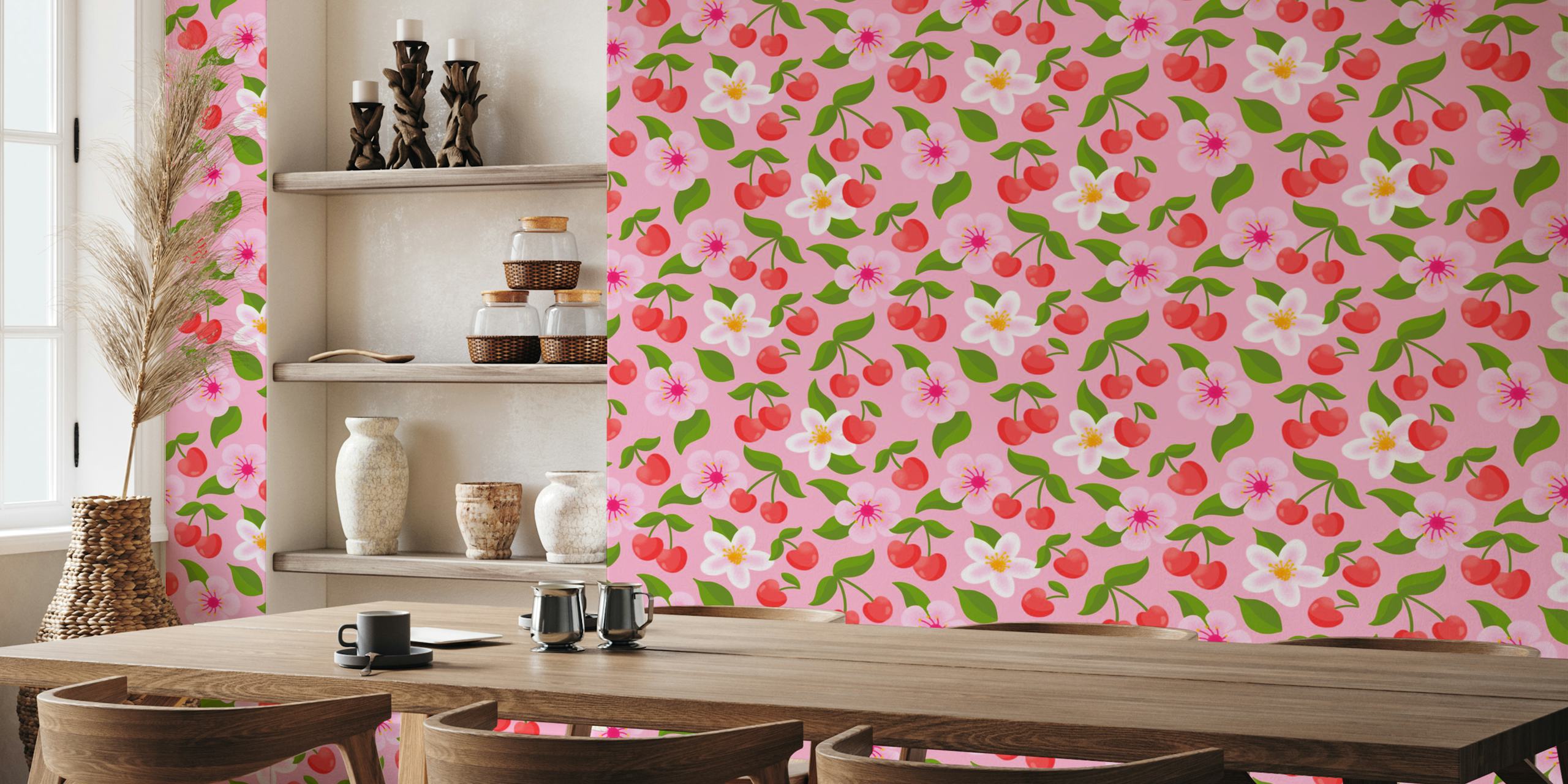 Cherry pattern wallpaper on pink background