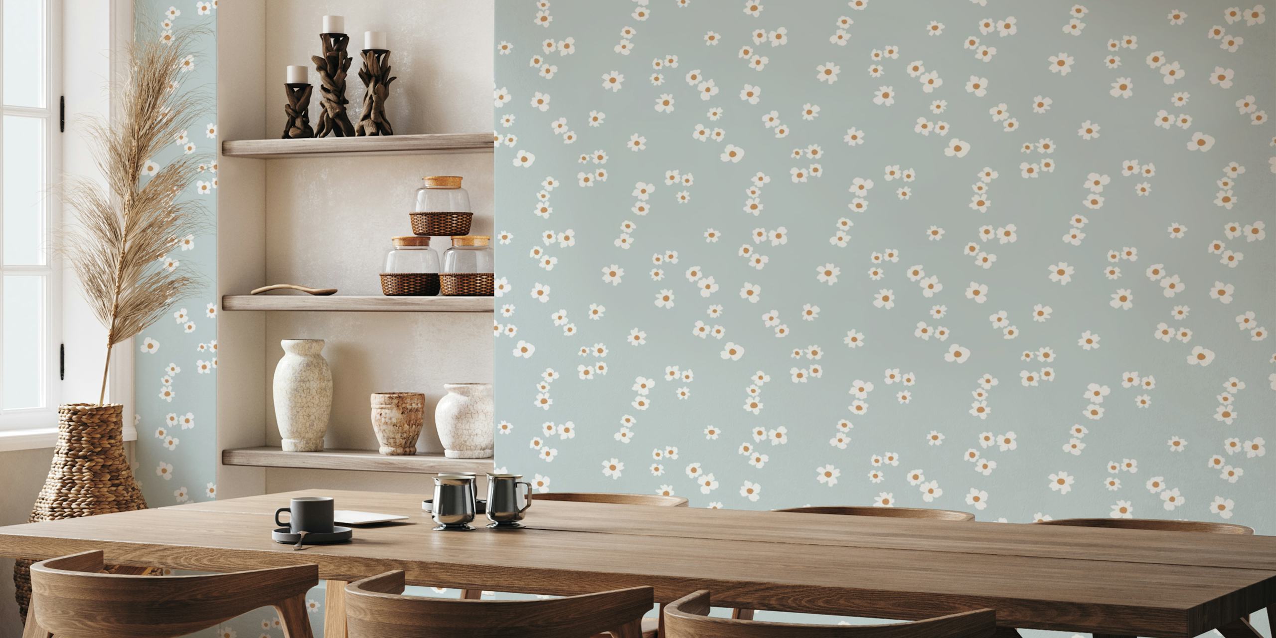Minimal white flowers with beige centers on blue background wallpaper