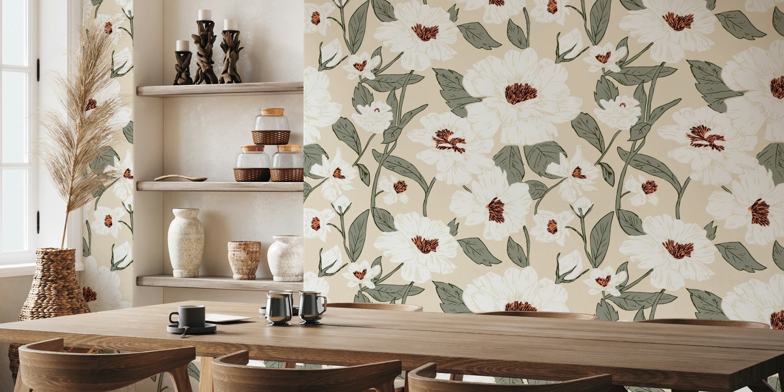 White floral design with green leaves wallpaper