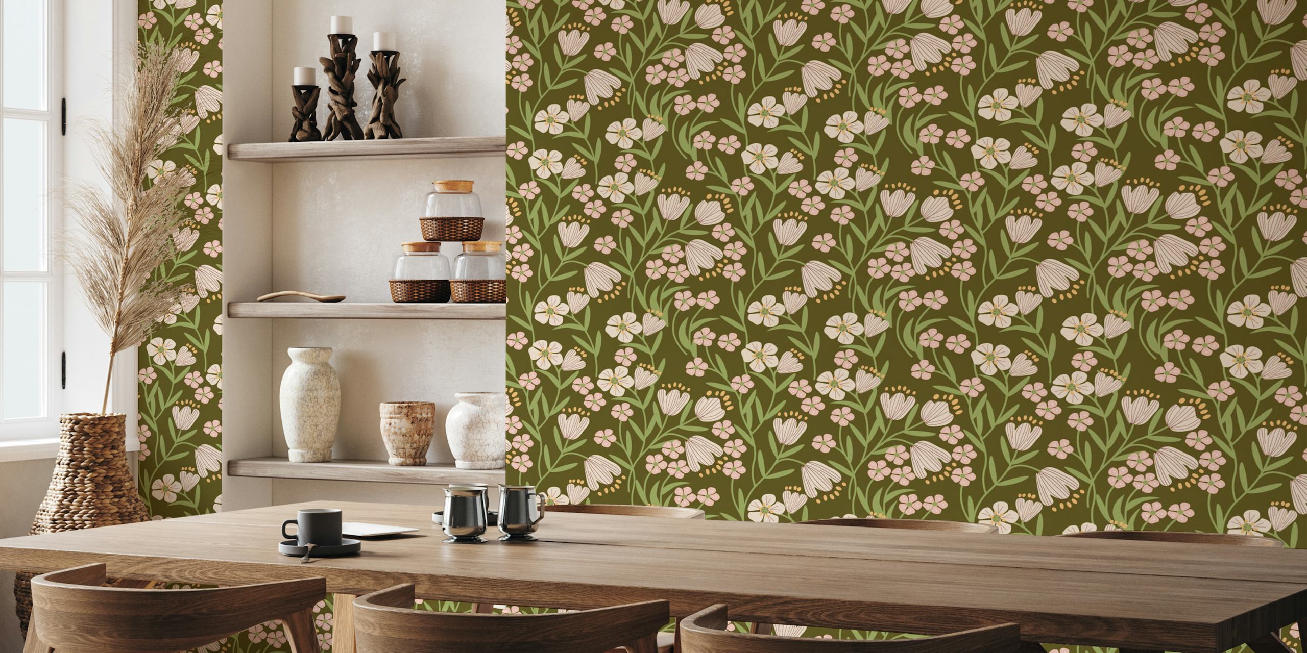 Olive green floral wallpaper with pink flowers and leafy patterns