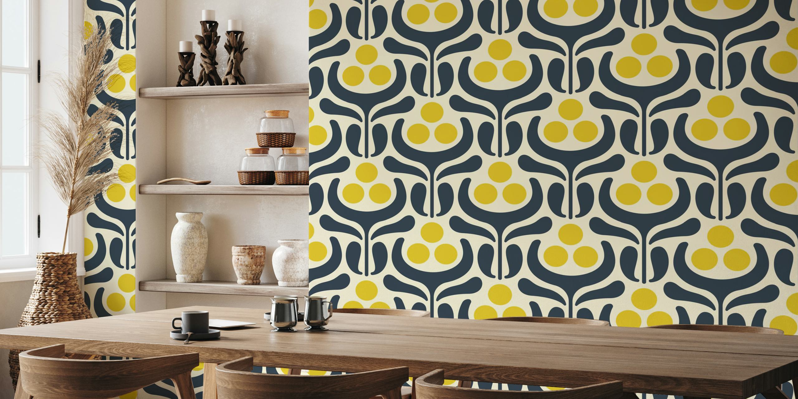 Floral geometric pattern in navy and yellow wallpaper