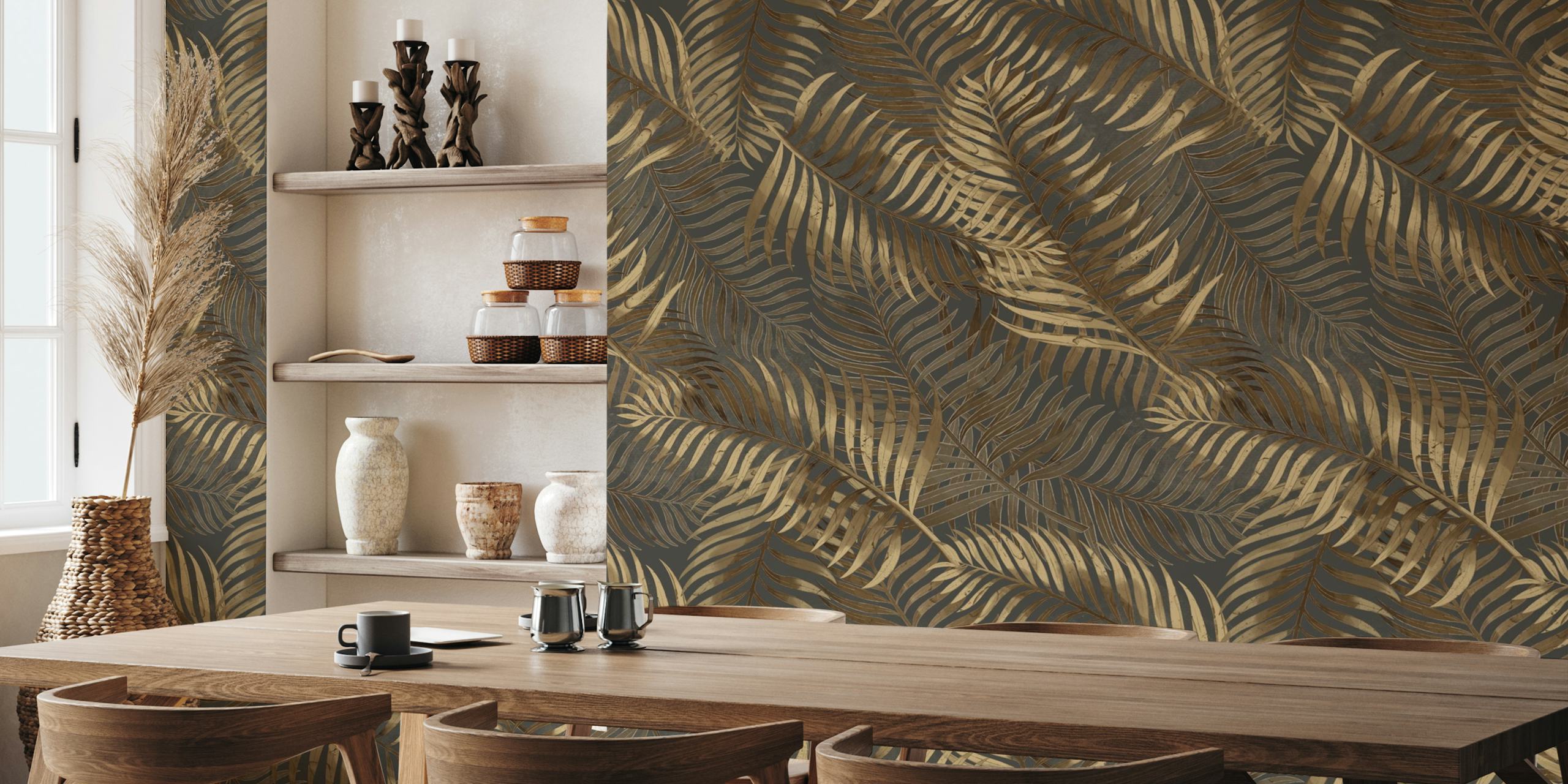 Golden palm leaves wallpaper in a room
