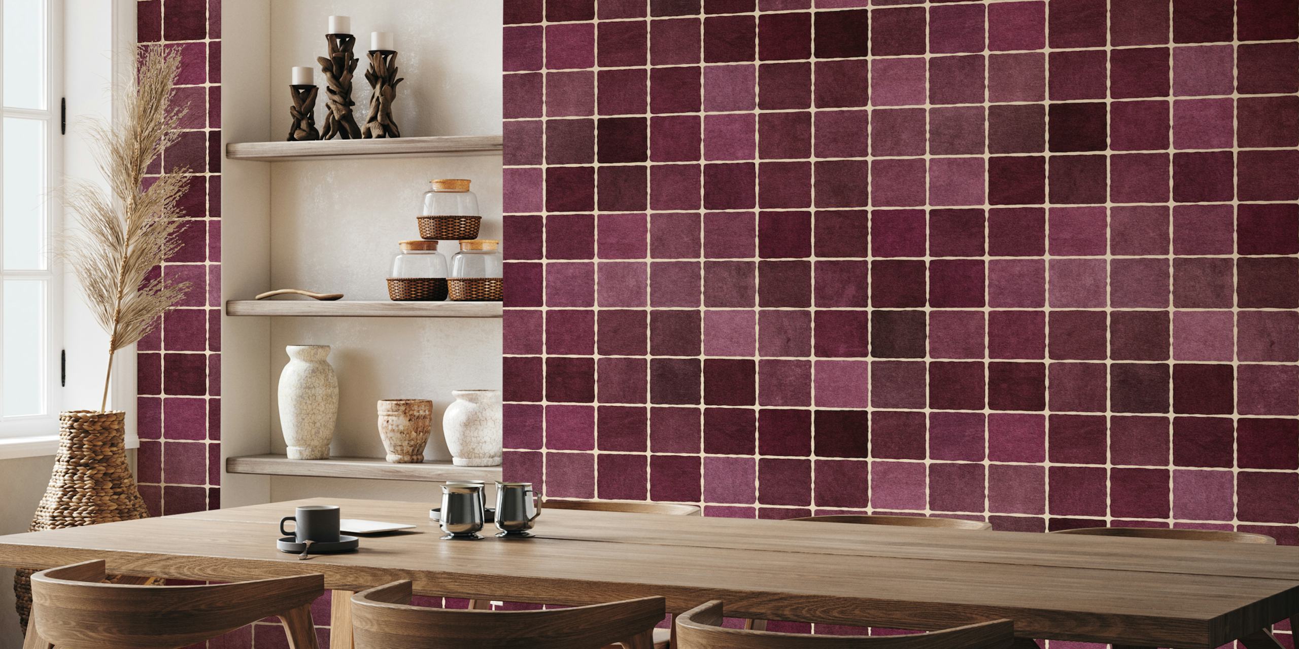 Bordeaux mosaic pattern wallpaper in rich burgundy and purple tones.