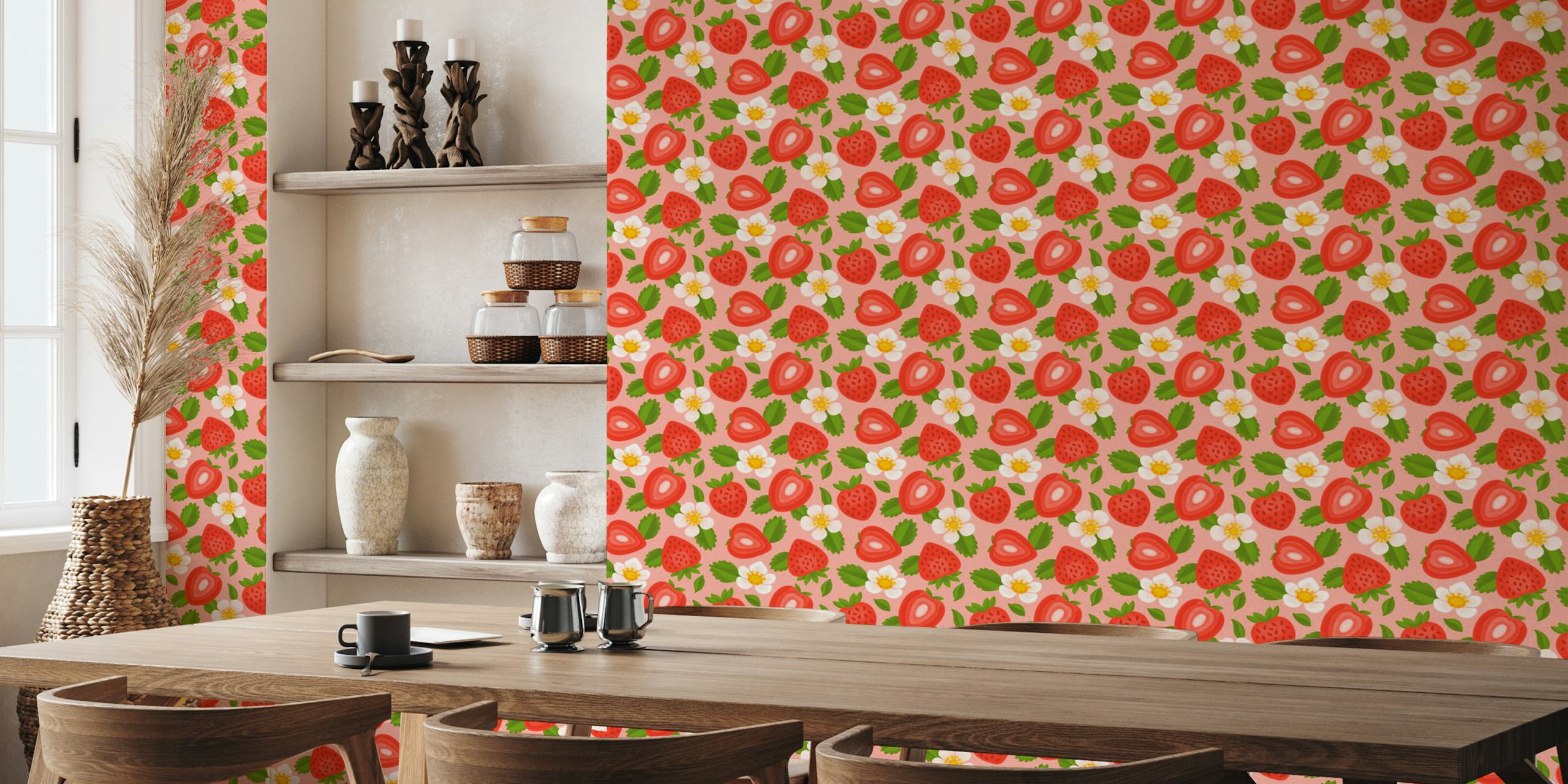 Strawberry pattern wall mural with white flowers on a pink background