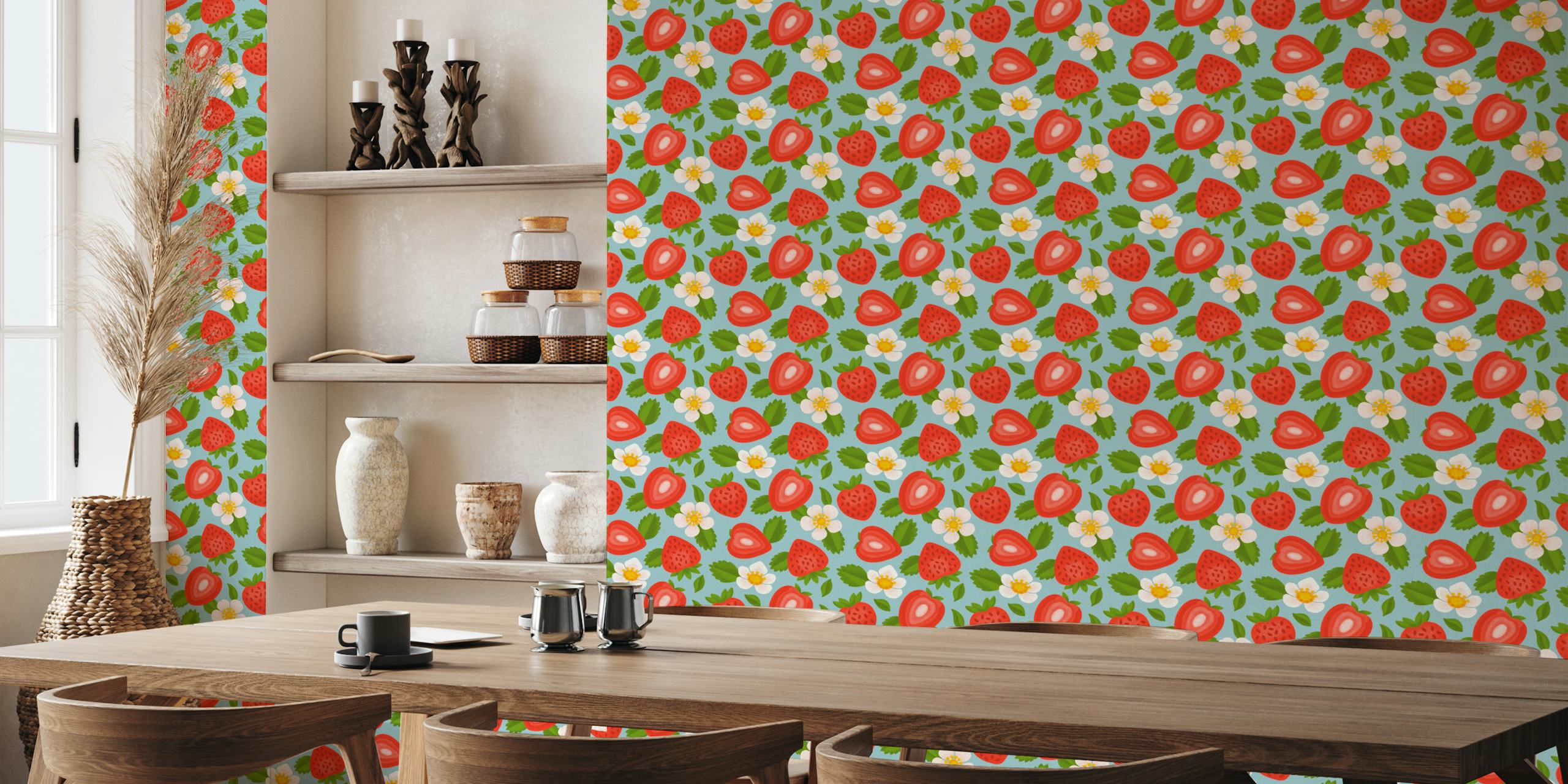 Fresh strawberry and flower pattern on sky blue wallpaper