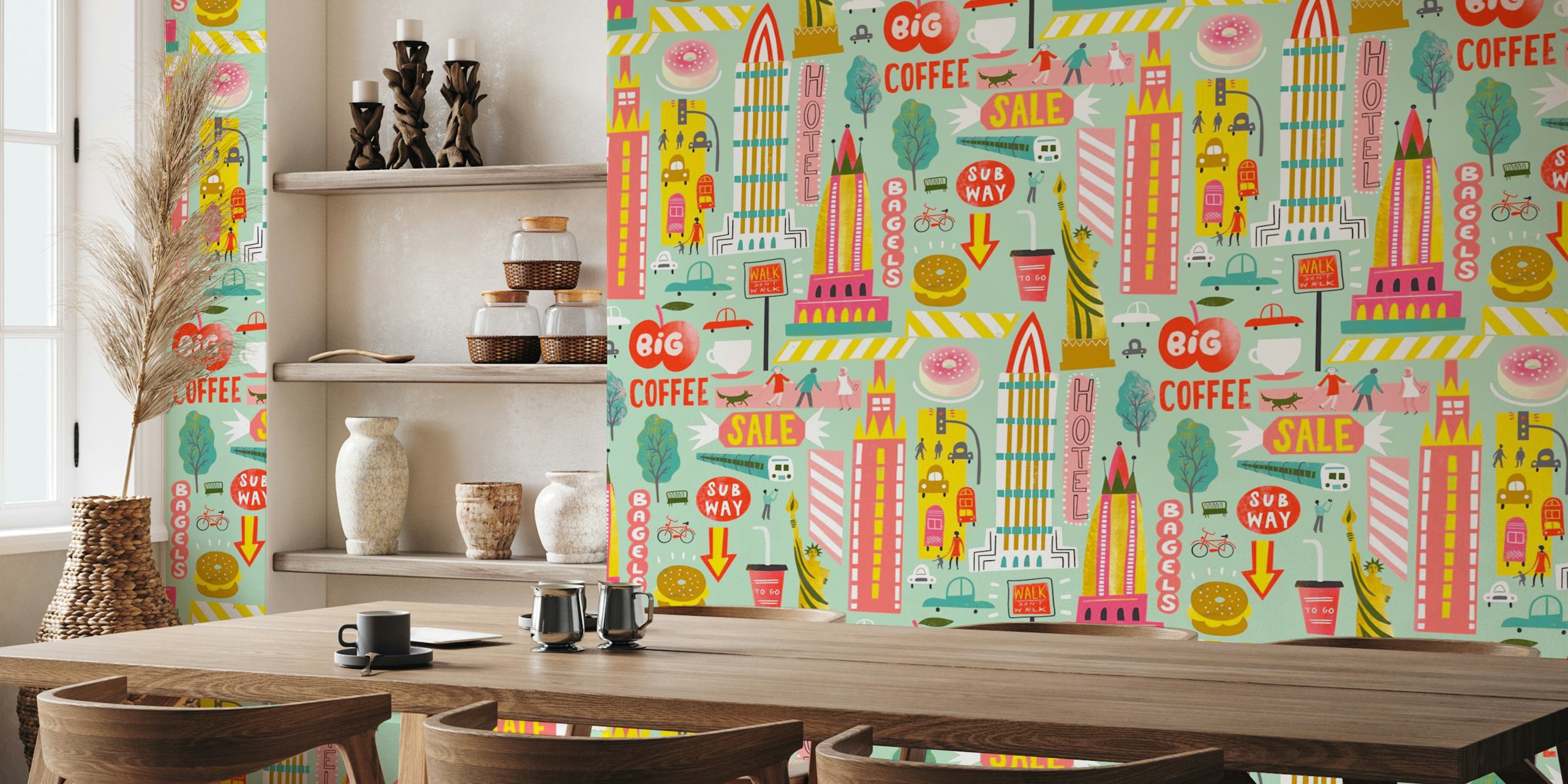 Illustrated New York City life wall mural featuring taxis, skyscrapers, and urban elements