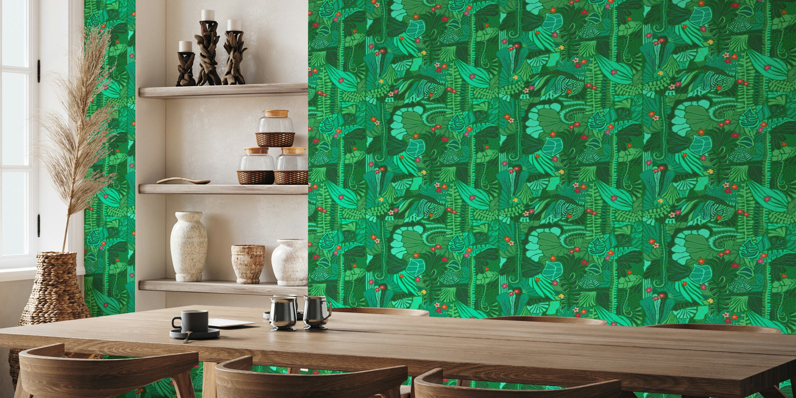 Vibrant green foliage wallpaper in a room