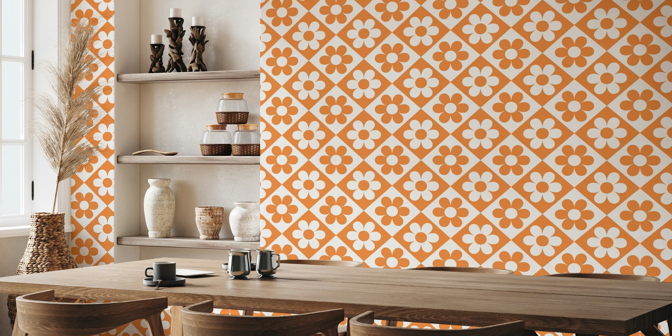 Floral Check behang in oranje patroon