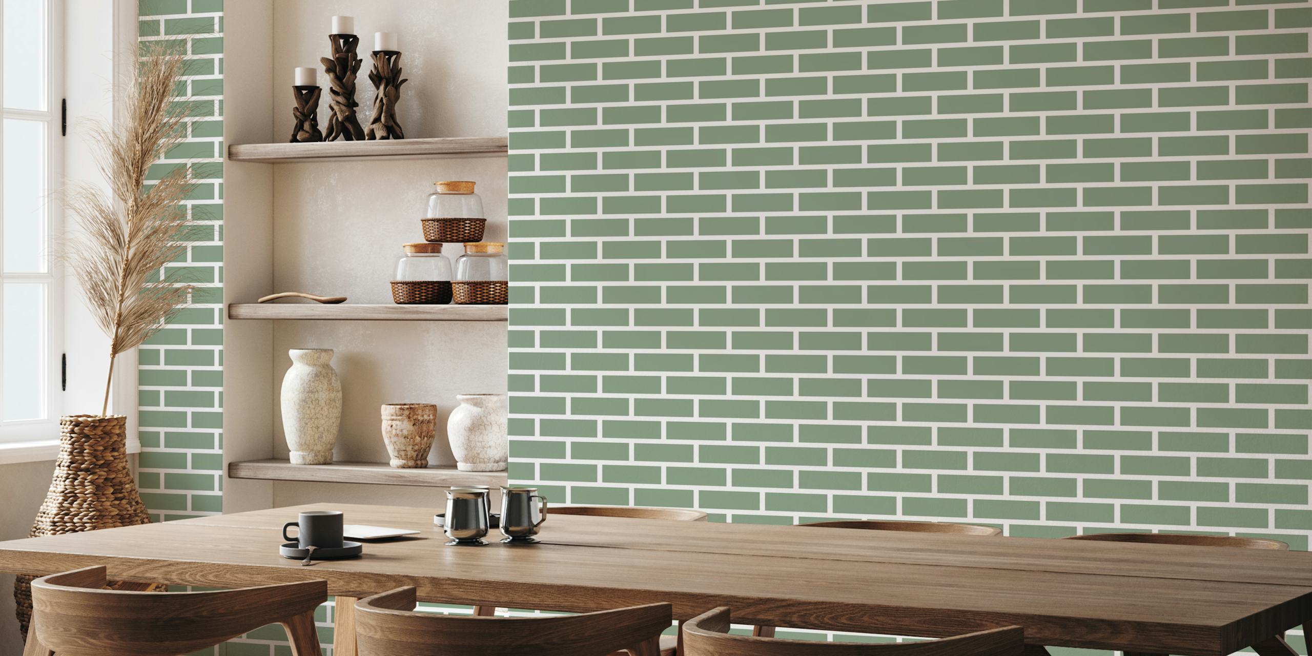 Brick pattern in fern green color wall mural wallpaper