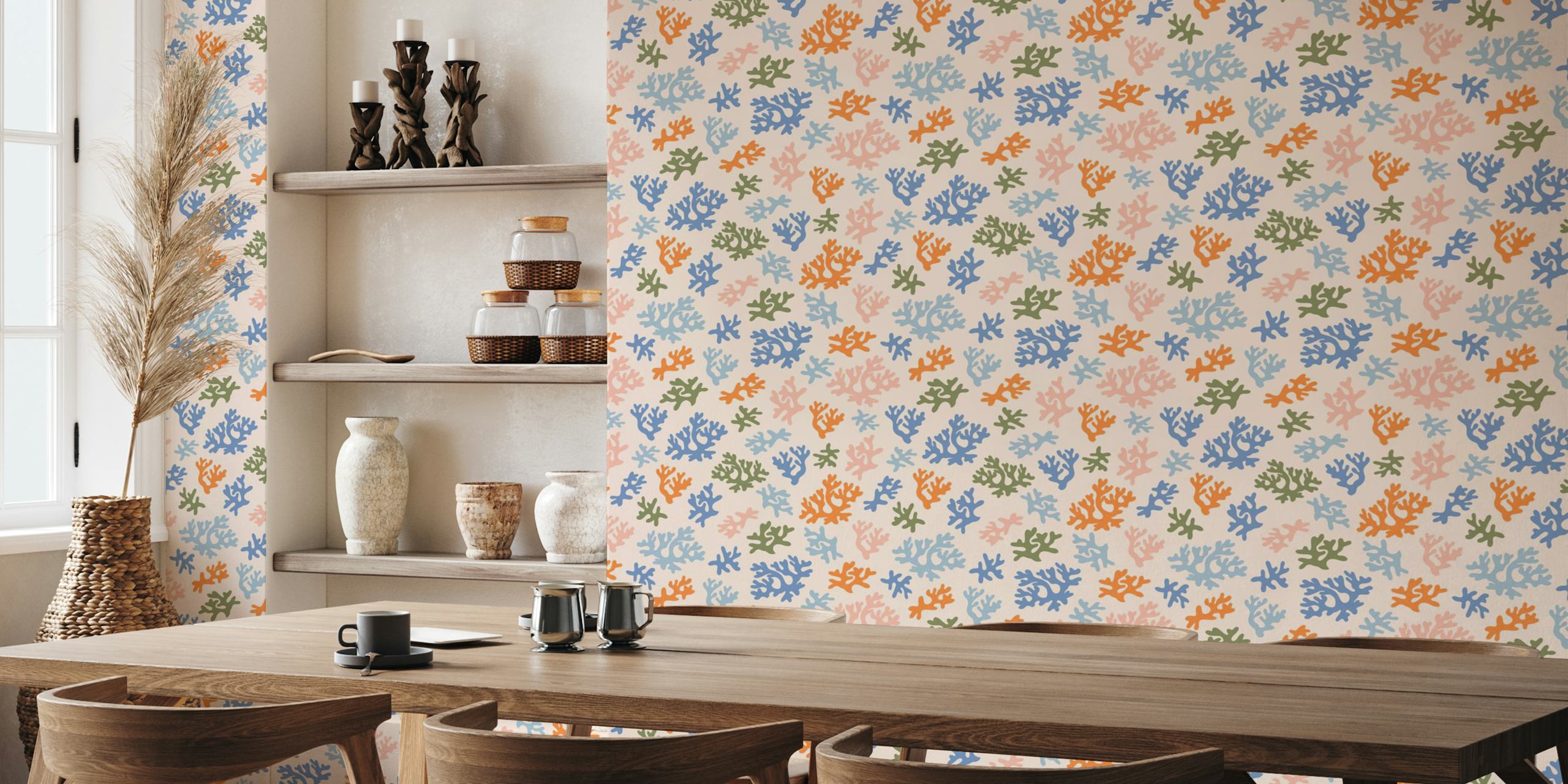 Coral reef peach wallpaper displayed in a room