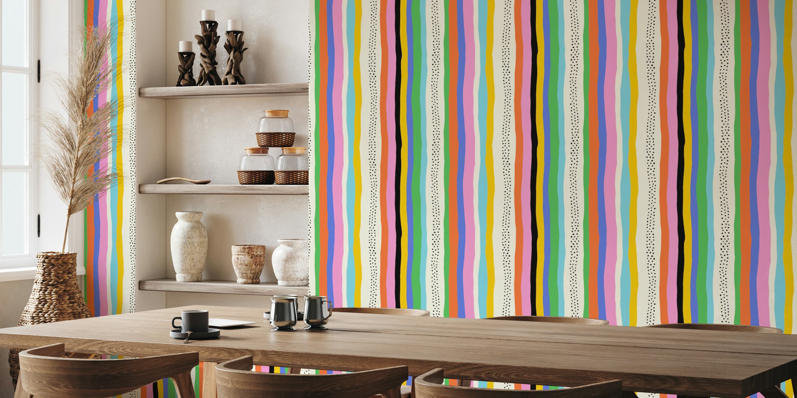 Colorful wavy stripes with dots in rainbow hues wallpaper
