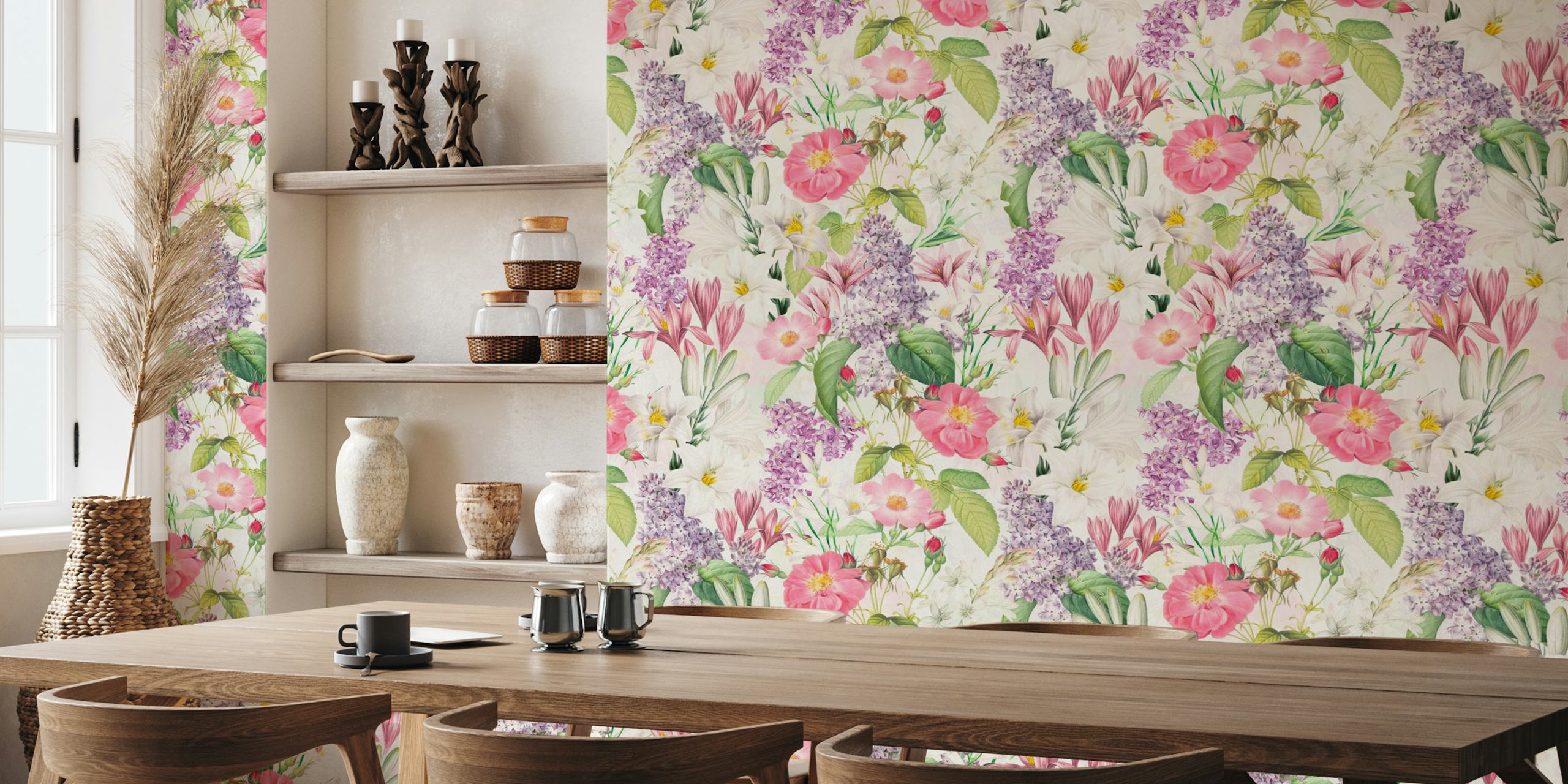 Pink flowers and lilacs on a soft background wallpaper